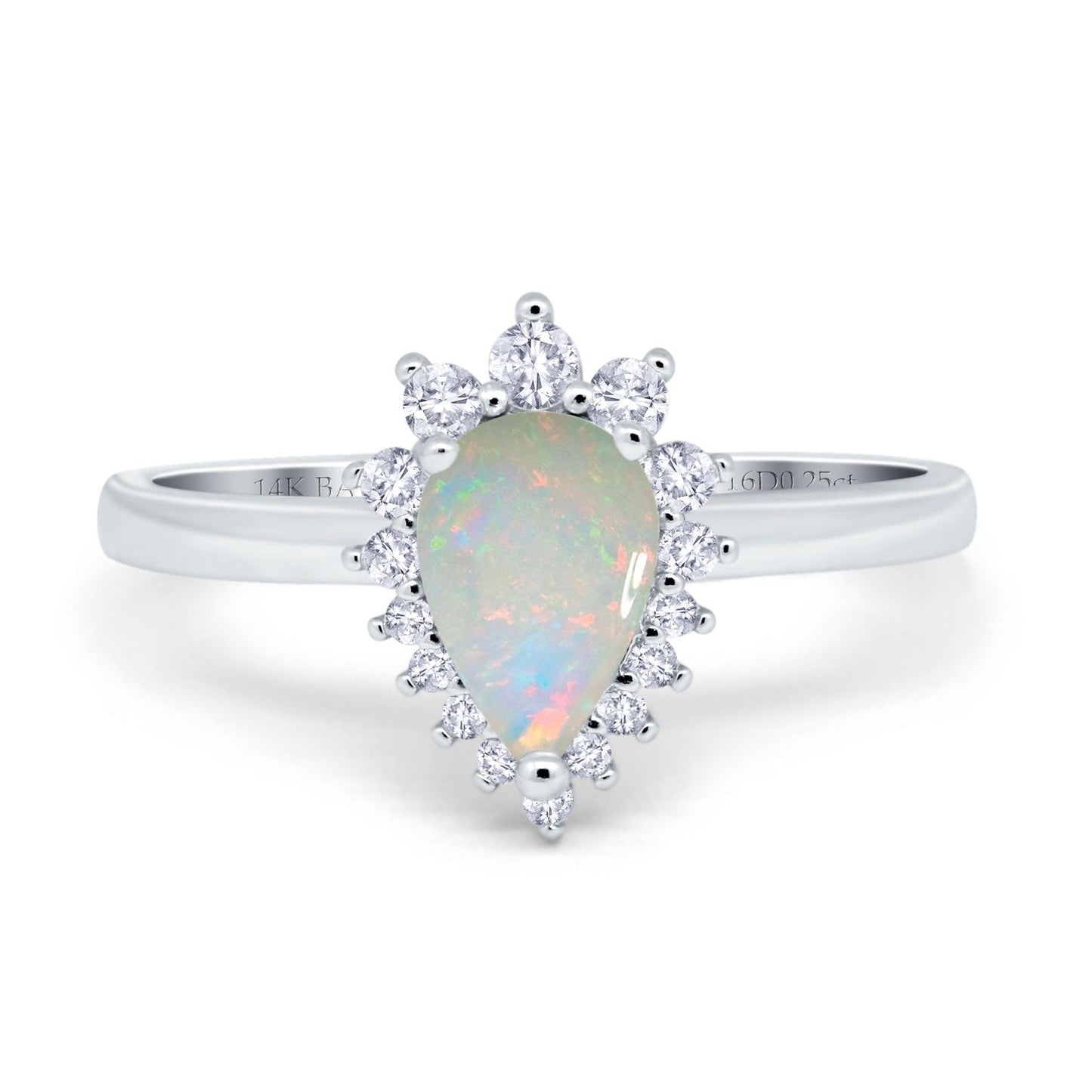 14K White Gold 0.25ct Teardrop Pear 9mmx7mm G SI Natural White Opal Diamond Engagement Wedding Ring Size 6.5