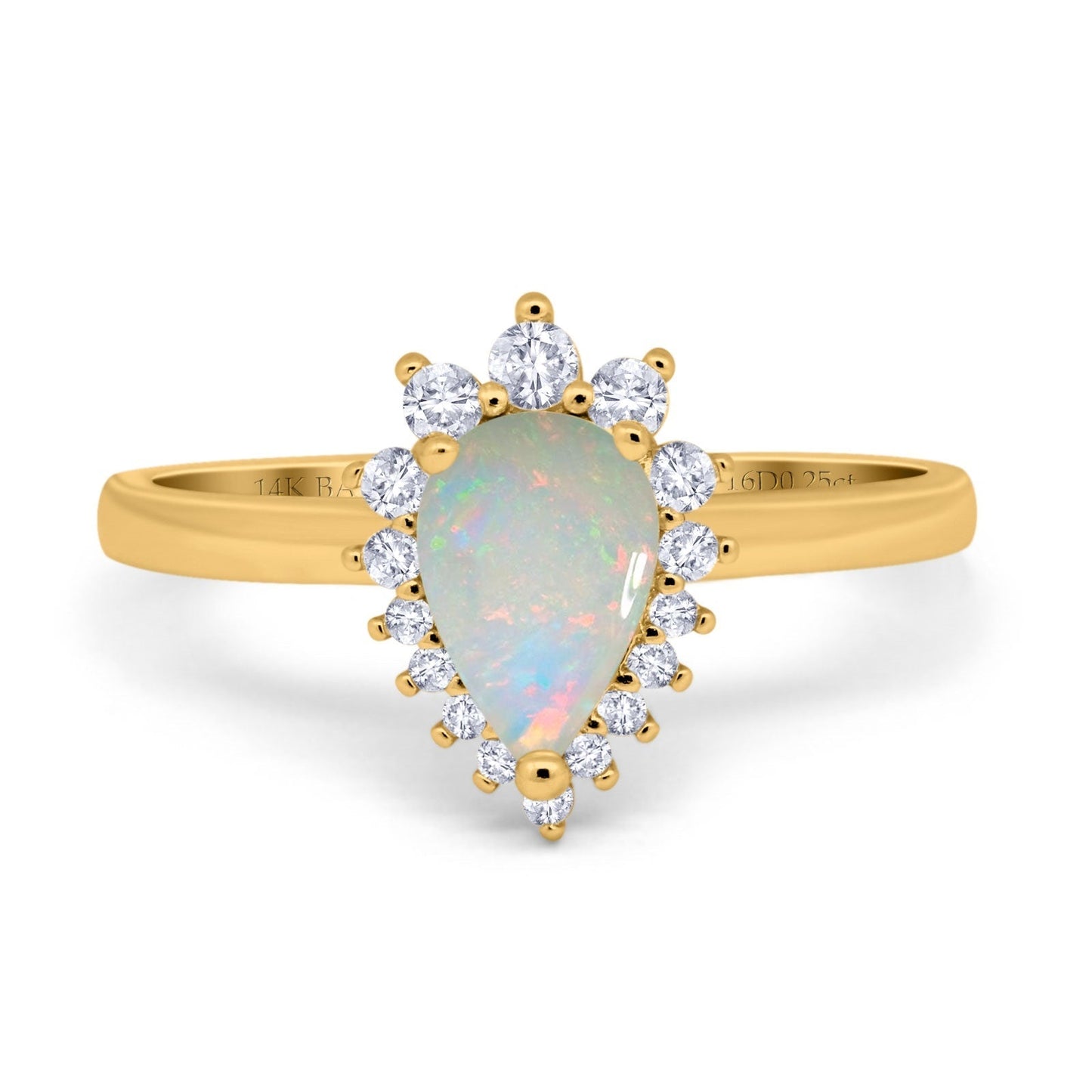 14K Yellow Gold 0.25ct Teardrop Pear 9mmx7mm G SI Natural White Opal Diamond Engagement Wedding Ring Size 6.5