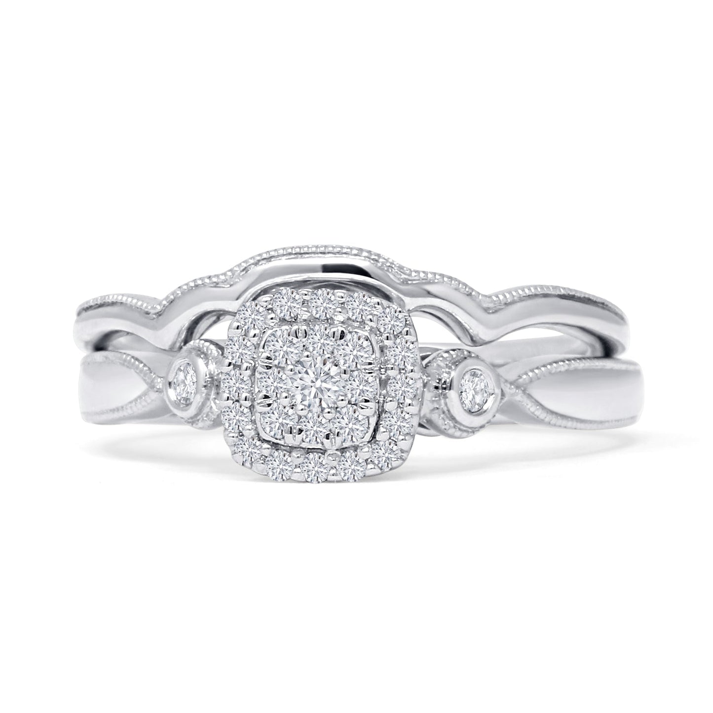 Halo Diamond Cushion Ring Set Twisted Milgrain 14K White Gold 0.19ct Wholesale