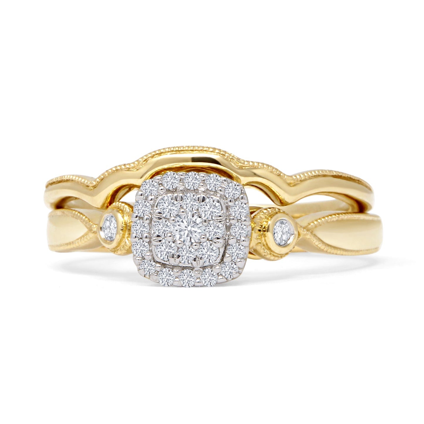 Halo Diamond Cushion Ring Set Twisted Milgrain 14K Yellow Gold 0.19ct Wholesale