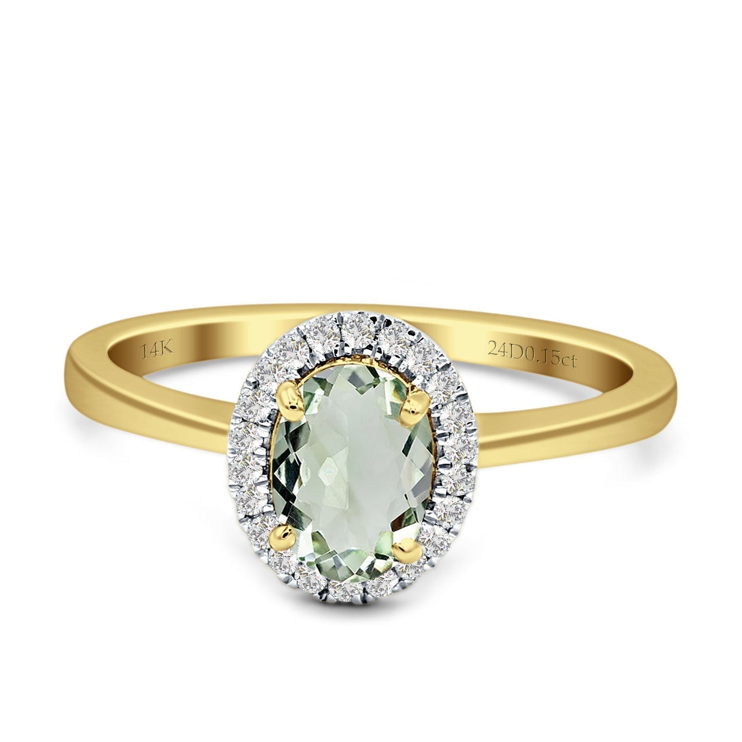 Oval Natural Green Amethyst Halo Natural Diamond Solitaire Ring 14K Yellow Gold Wholesale