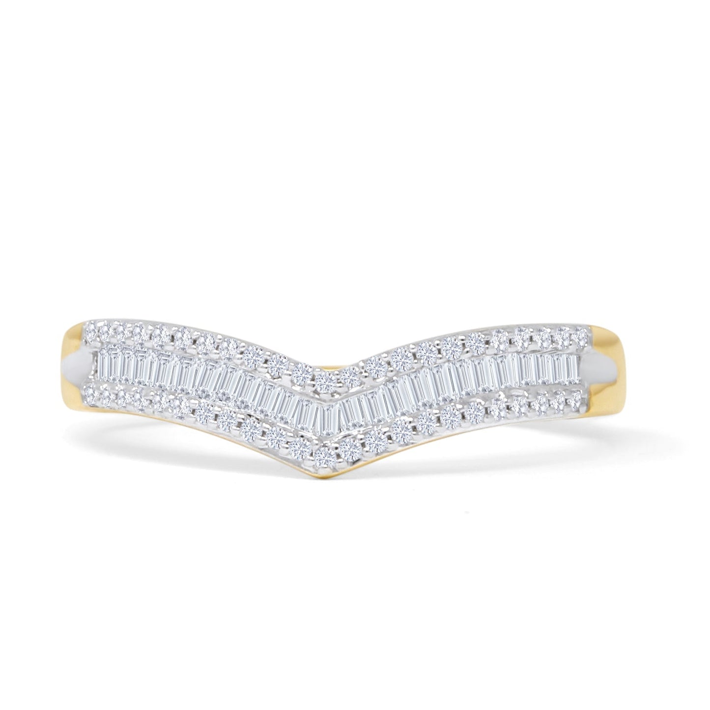 Contour Chevron Ring 0.25ct Baguette & Round Natural Diamond 14K Yellow Gold Wholesale