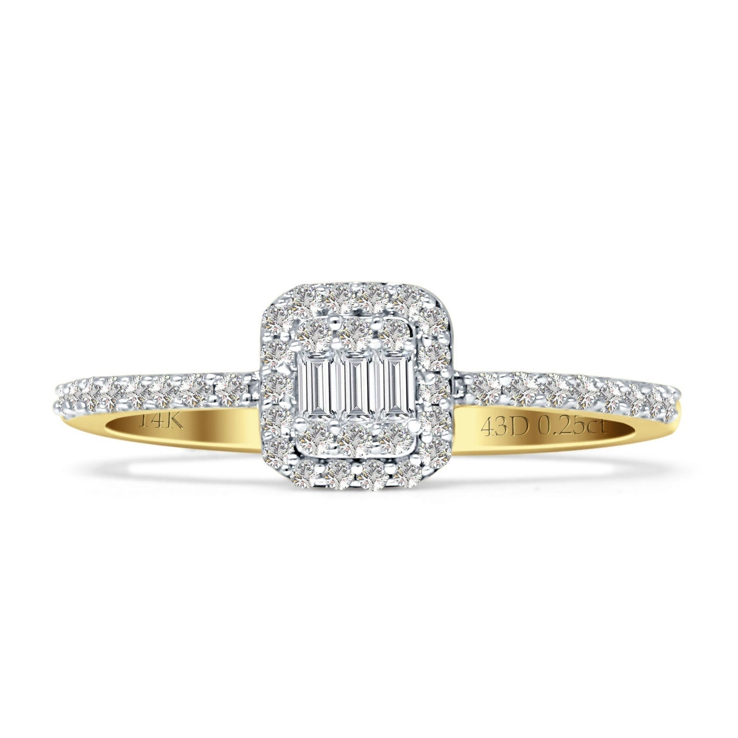 Halo Diamond Baguette Ring Round 14K Yellow Gold 0.25ct Wholesale