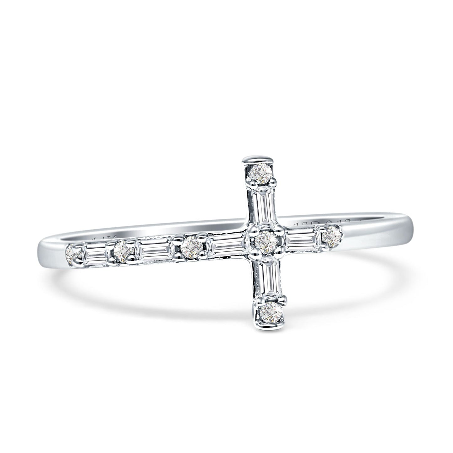 Diamond Cross Ring Round And Baguette Statement 14K White Gold 0.13ct Wholesale