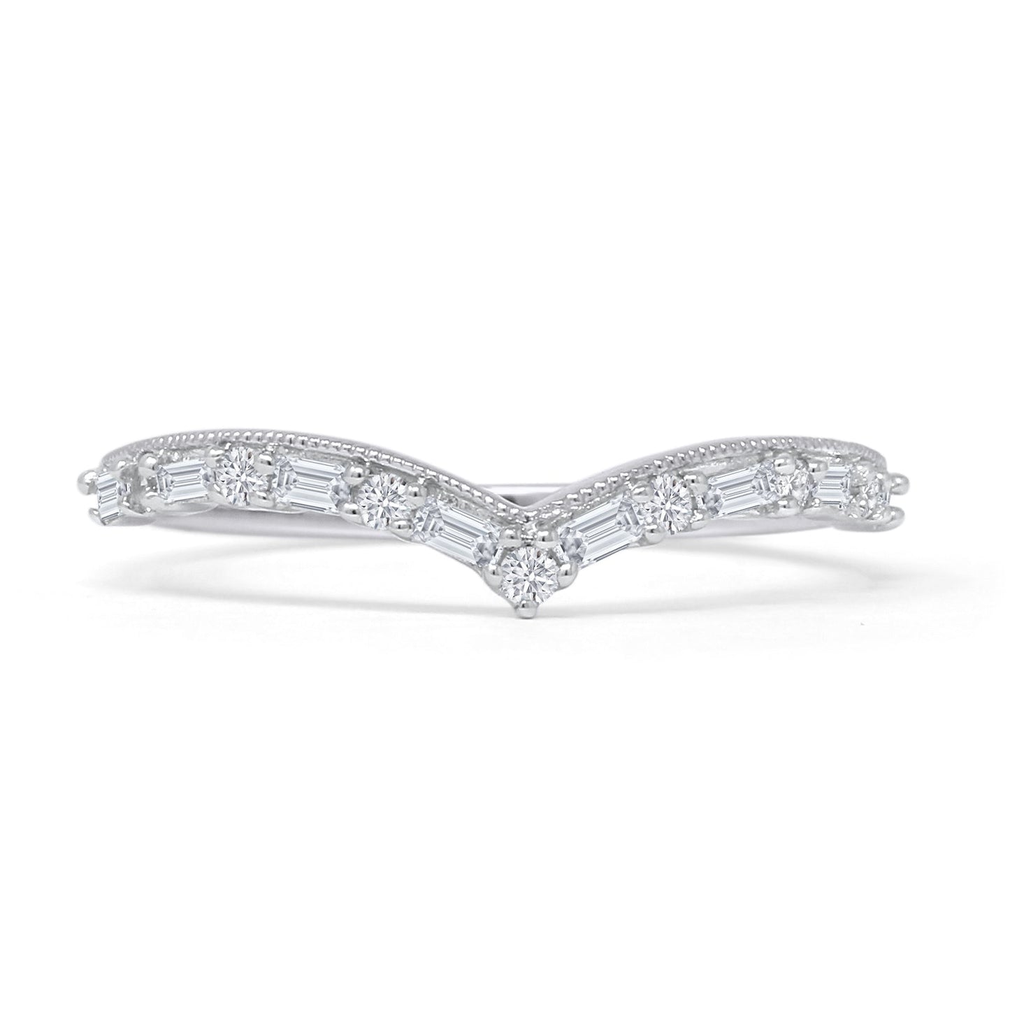 Curved Contour Chevron Ring Natural Baguette Diamond 14K White Gold  Wholesale