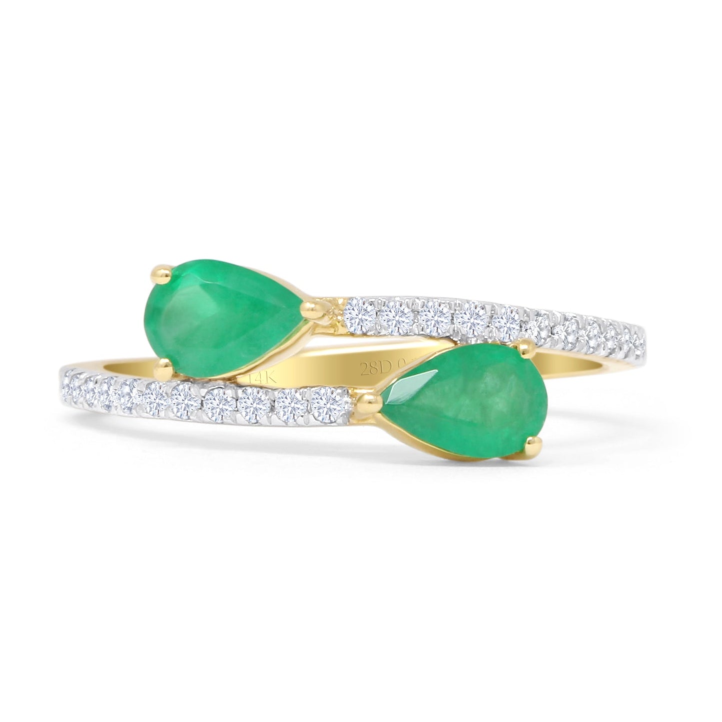 Pear Teardrop Green Emerald Natural Diamond Bypass Ring 14K Yellow Gold Wholesale