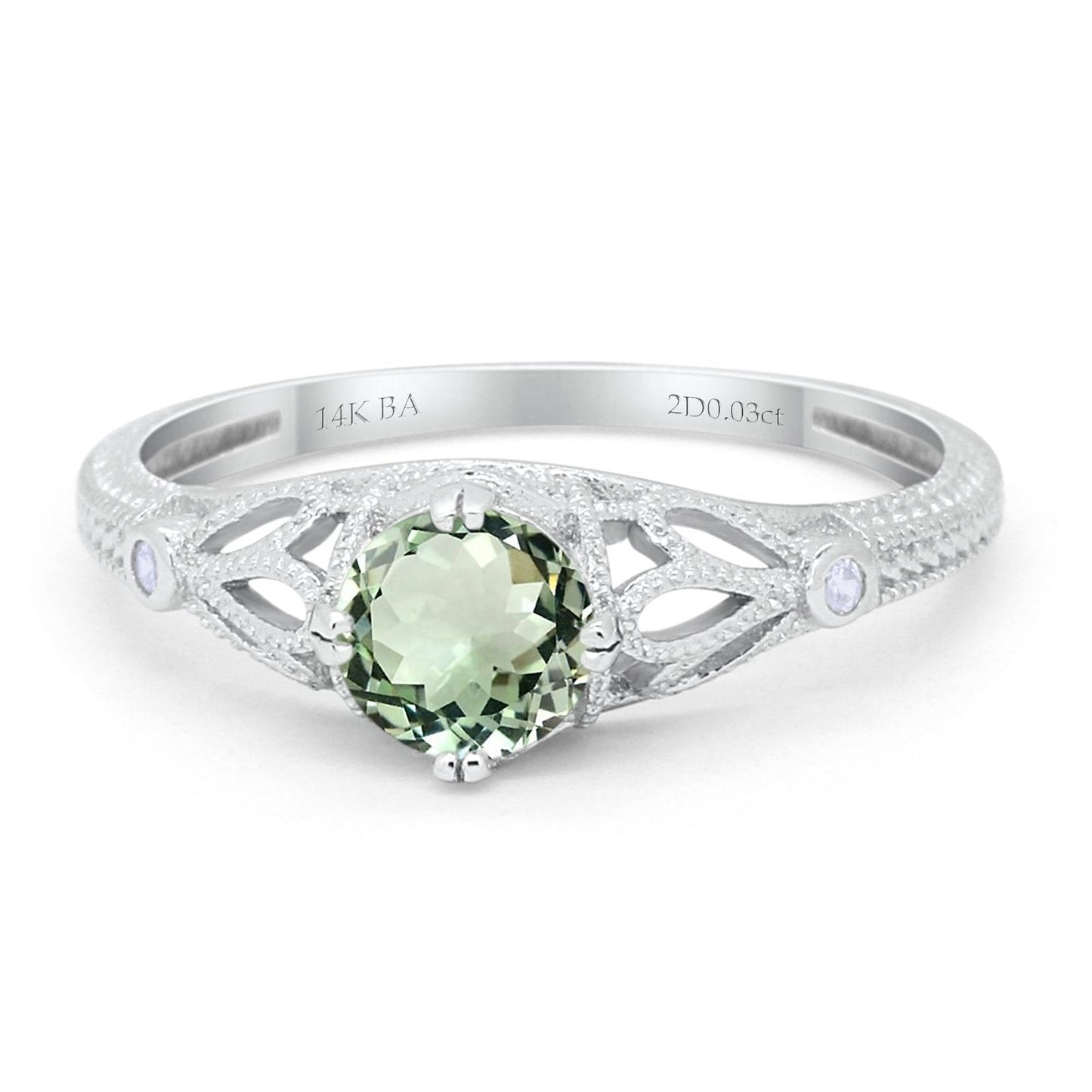 14K White Gold 0.87ct Vintage Design Solitaire Round 6mm G SI Natural Green Amethyst Diamond Engagement Wedding Ring Size 6.5