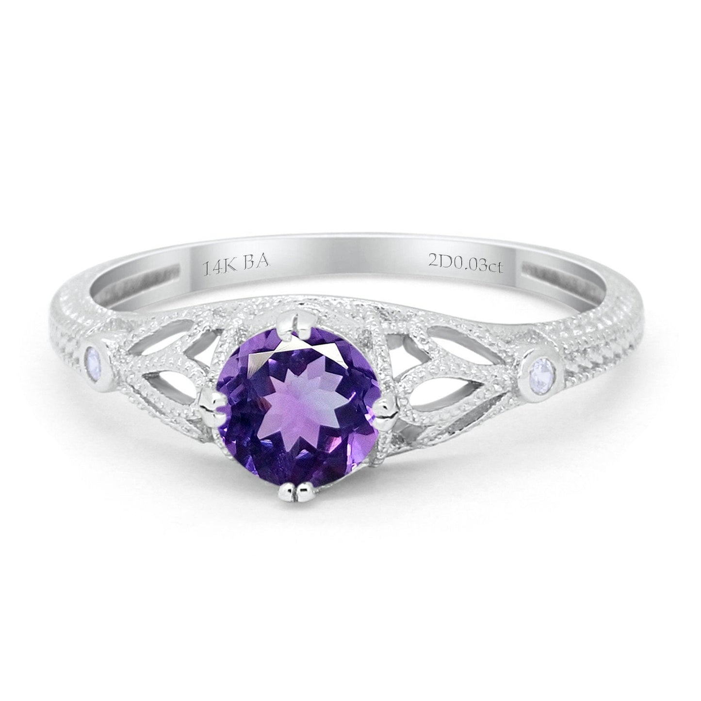 14K White Gold 0.87ct Vintage Design Solitaire Round 6mm G SI Natural Amethyst Diamond Engagement Wedding Ring Size 6.5