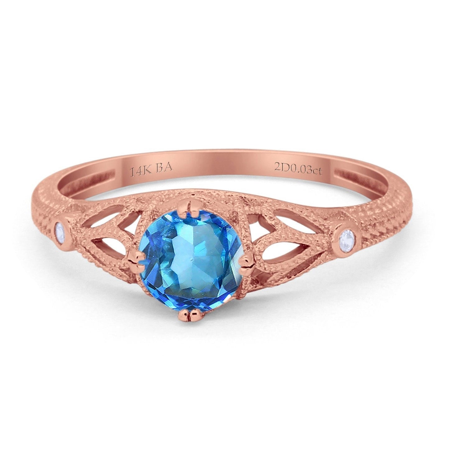 14K Rose Gold 0.87ct Vintage Design Solitaire Round 6mm G SI Natural Blue Topaz Diamond Engagement Wedding Ring Size 6.5