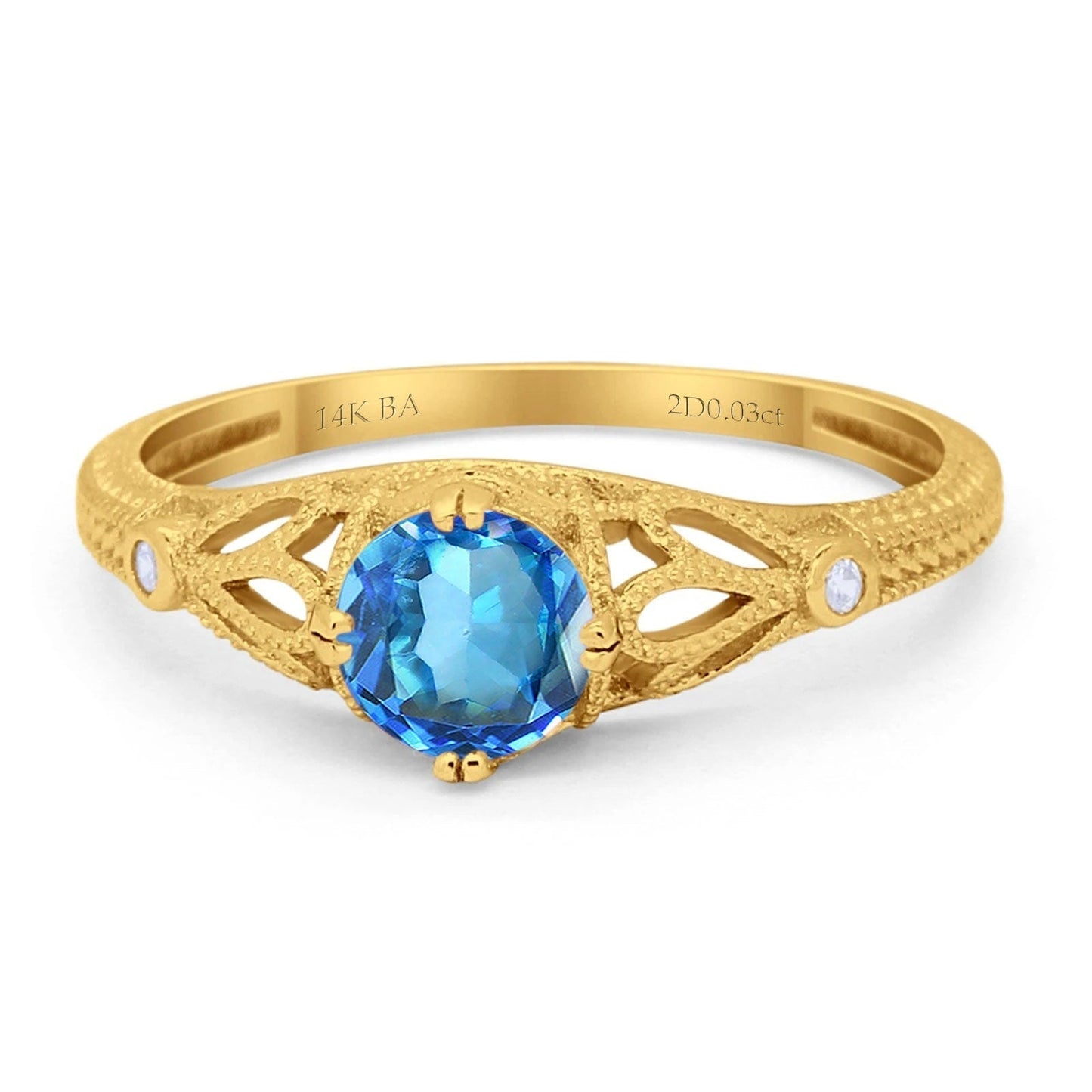 14K Yellow Gold 0.87ct Vintage Design Solitaire Round 6mm G SI Natural Blue Topaz Diamond Engagement Wedding Ring Size 6.5