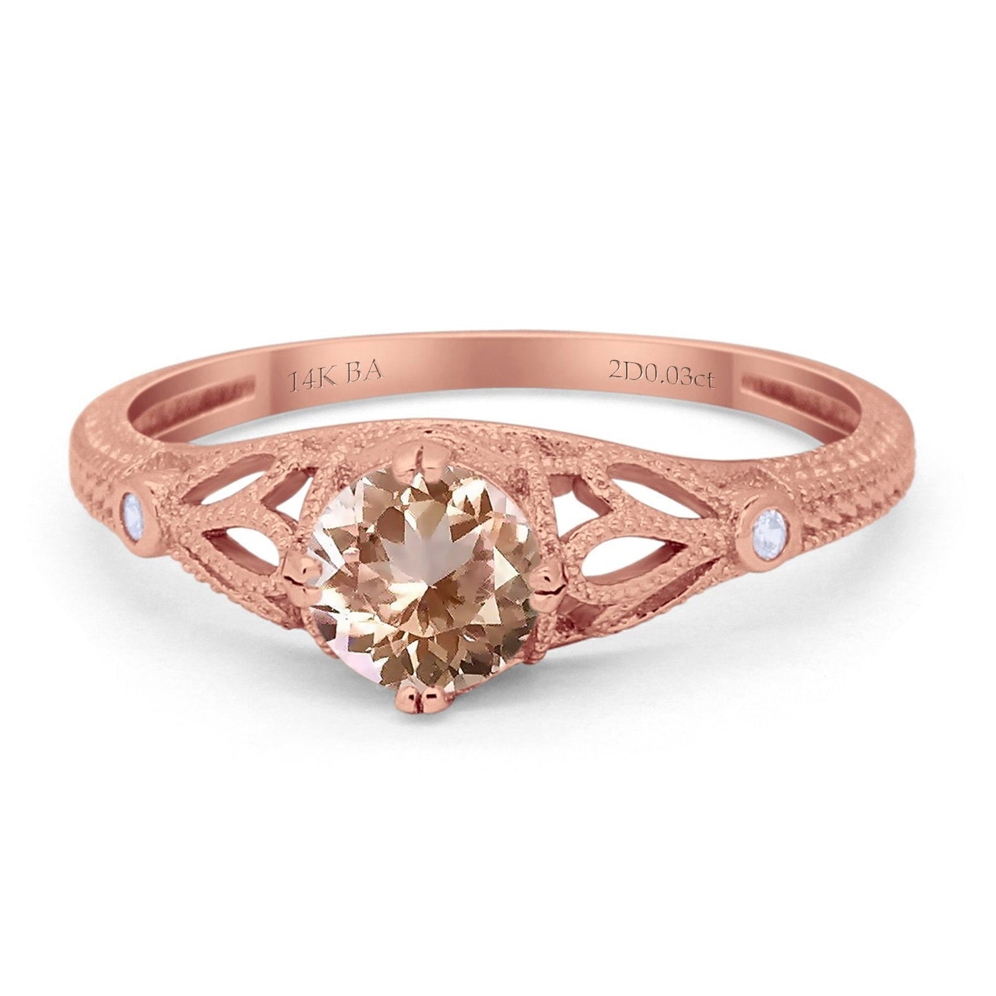 14K Rose Gold 0.87ct Vintage Design Solitaire Round 6mm G SI Natural Morganite Diamond Engagement Wedding Ring Size 6.5