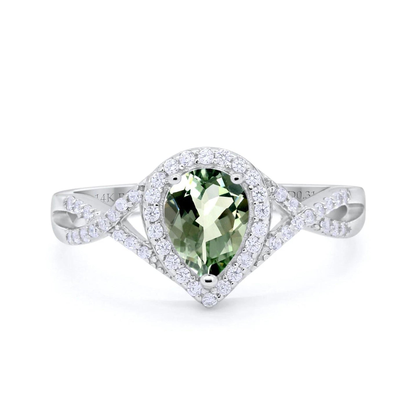 14K White Gold 1.56ct Teardrop Pear Infinity 11mm G SI Natural Green Amethyst Diamond Engagement Wedding Ring Size 6.5