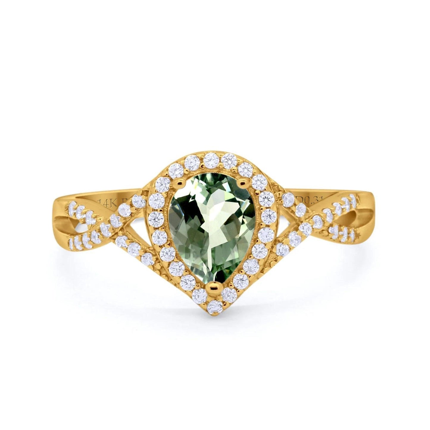 14K Yellow Gold 1.56ct Teardrop Pear Infinity 11mm G SI Natural Green Amethyst Diamond Engagement Wedding Ring Size 6.5