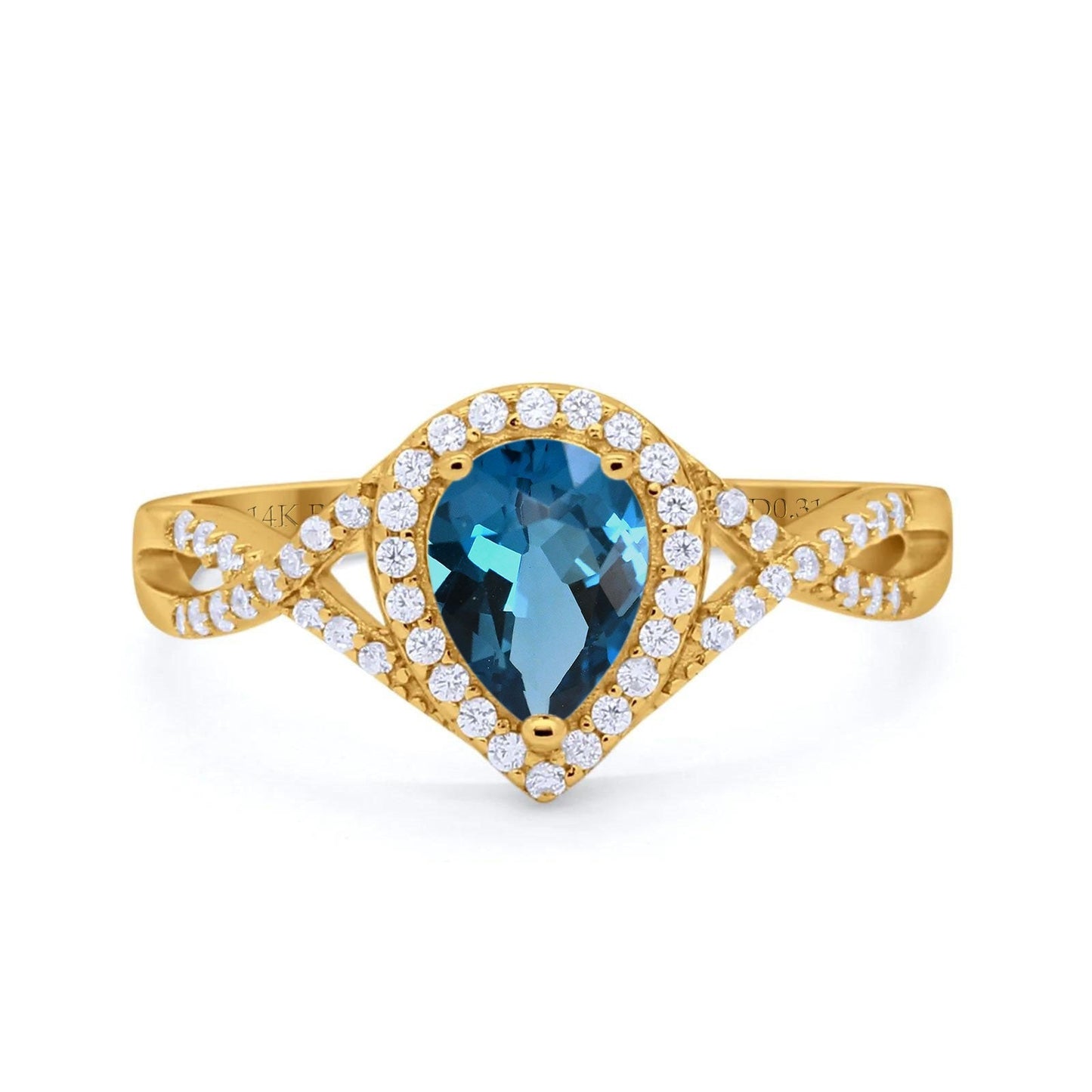 14K Yellow Gold 1.56ct Teardrop Pear Infinity 11mm G SI London Blue Topaz Diamond Engagement Wedding Ring Size 6.5