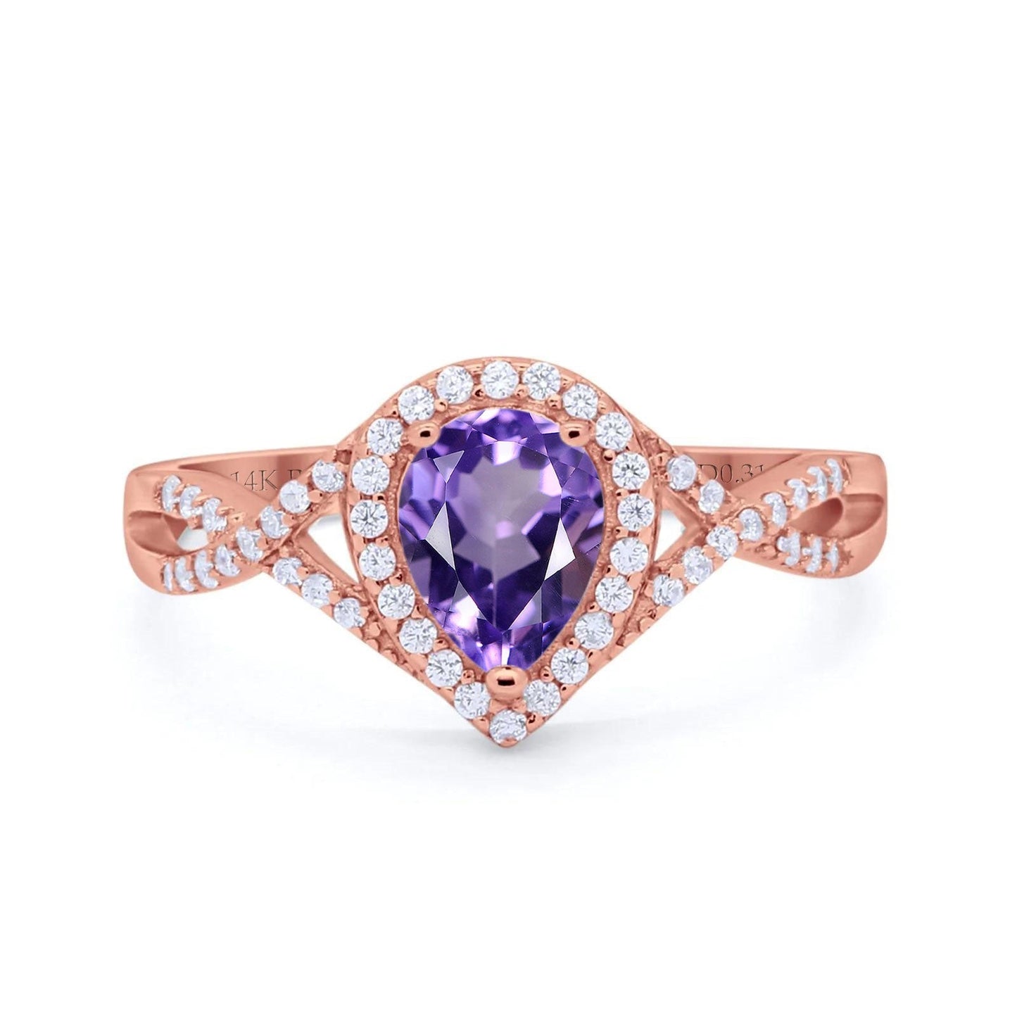 14K Rose Gold 1.56ct Teardrop Pear Infinity 11mm G SI Natural Amethyst Diamond Engagement Wedding Ring Size 6.5