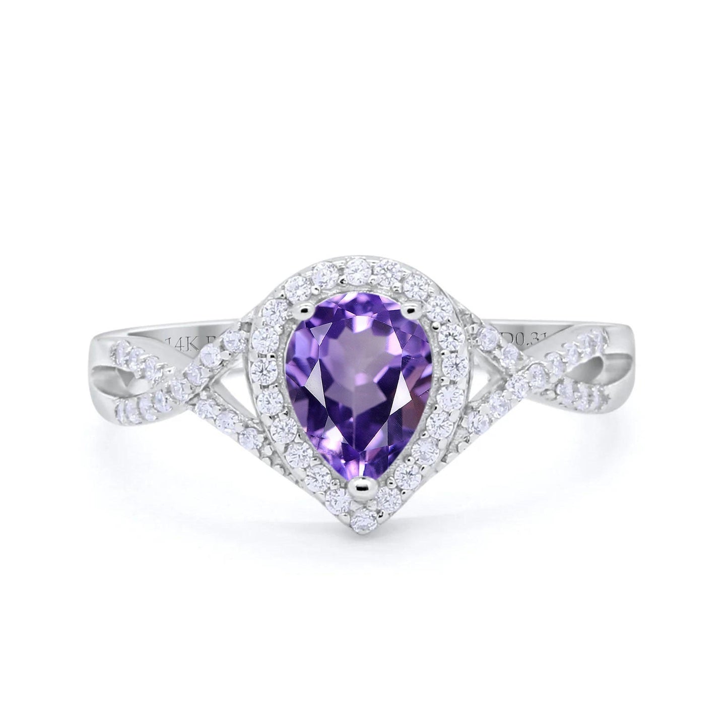 14K White Gold 1.56ct Teardrop Pear Infinity 11mm G SI Natural Amethyst Diamond Engagement Wedding Ring Size 6.5