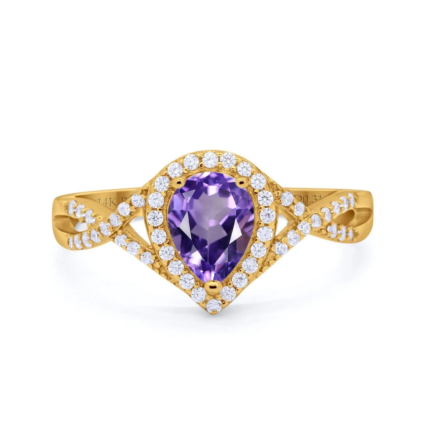 14K Yellow Gold 1.56ct Teardrop Pear Infinity 11mm G SI Natural Amethyst Diamond Engagement Wedding Ring Size 6.5