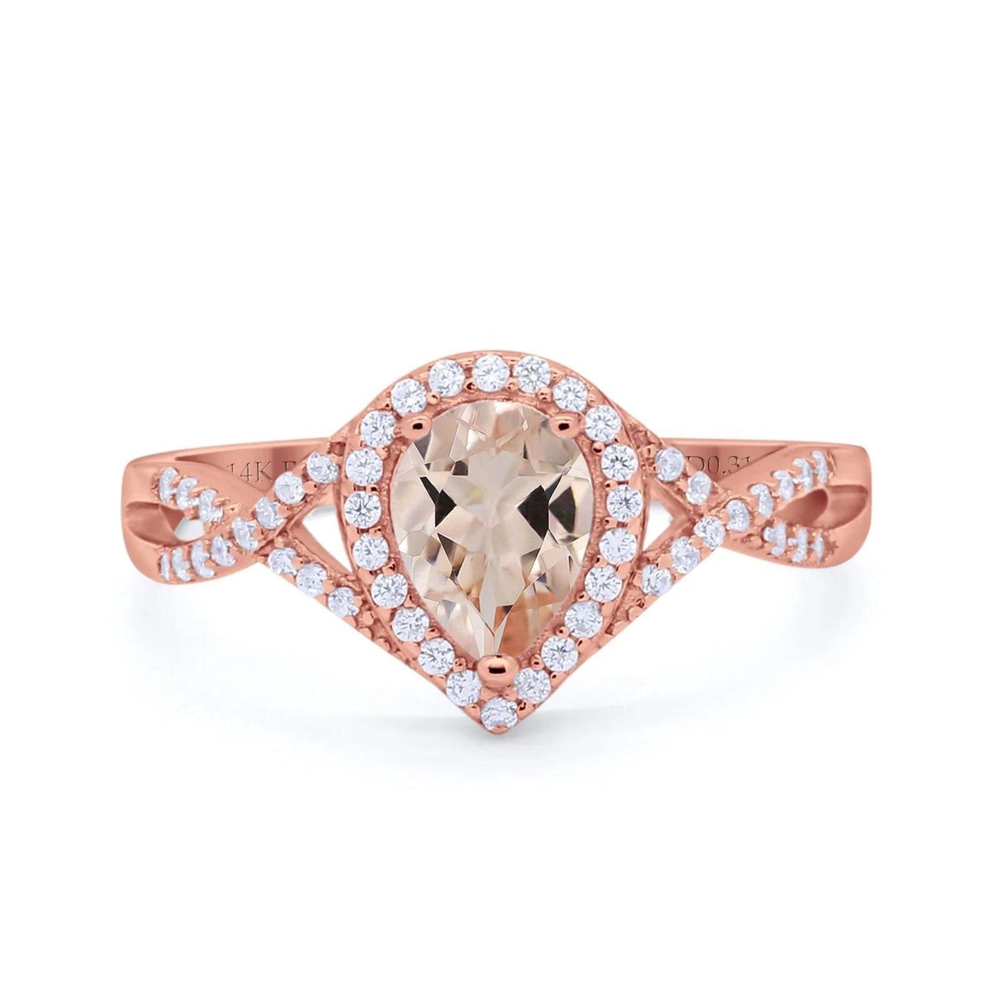 14K Rose Gold 1.56ct Teardrop Pear Infinity 11mm G SI Natural Morganite Diamond Engagement Wedding Ring Size 6.5