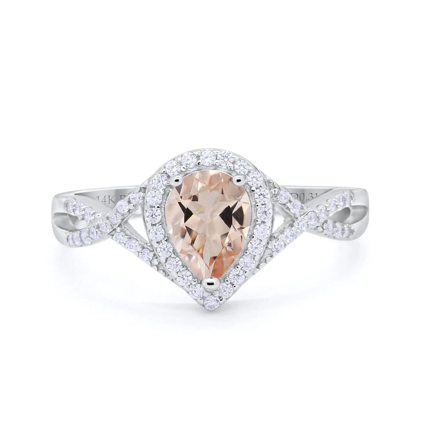 14K White Gold 1.56ct Teardrop Pear Infinity 11mm G SI Natural Morganite Diamond Engagement Wedding Ring Size 6.5