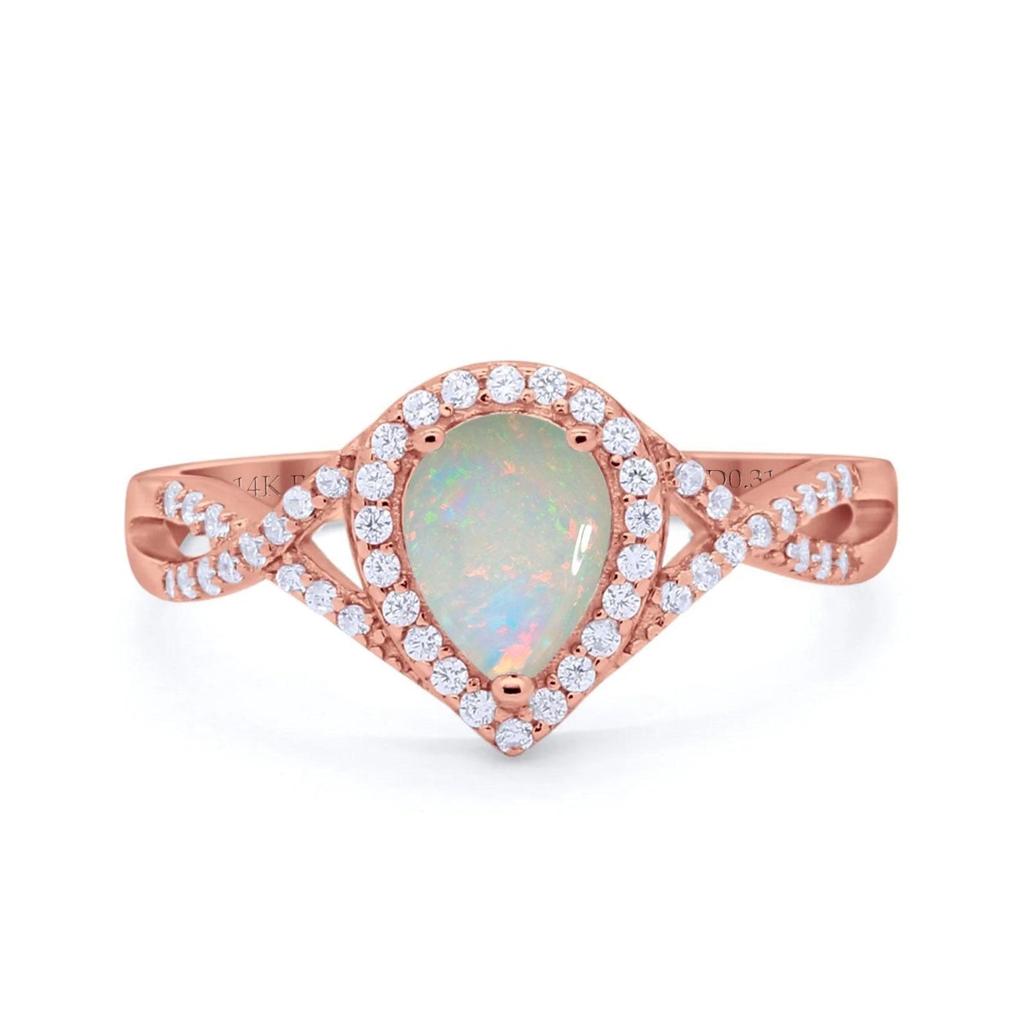 14K Rose Gold 0.31ct Teardrop Pear Infinity 11mm G SI Natural White Opal Diamond Engagement Wedding Ring Size 6.5