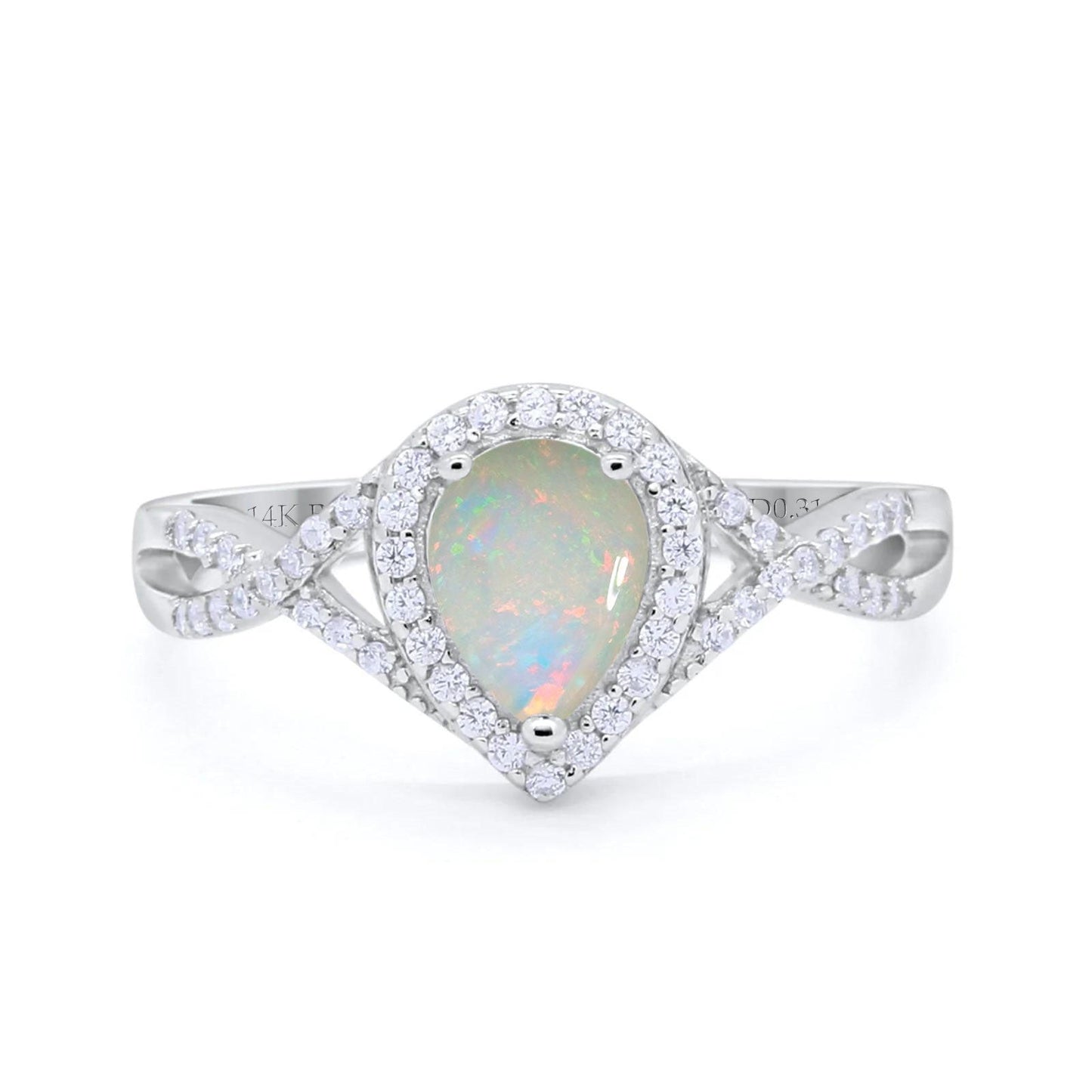 14K White Gold 0.31ct Teardrop Pear Infinity 11mm G SI Natural White Opal Diamond Engagement Wedding Ring Size 6.5