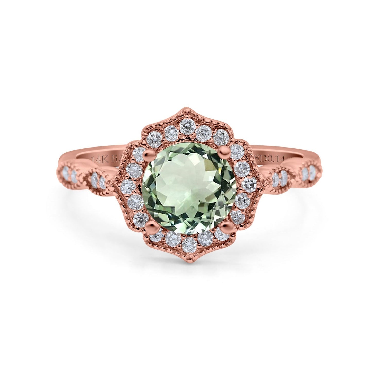 14K Rose Gold 1.42ct Art Deco Round 7mm G SI Natural Green Amethyst Diamond Engagement Wedding Ring Size 6.5