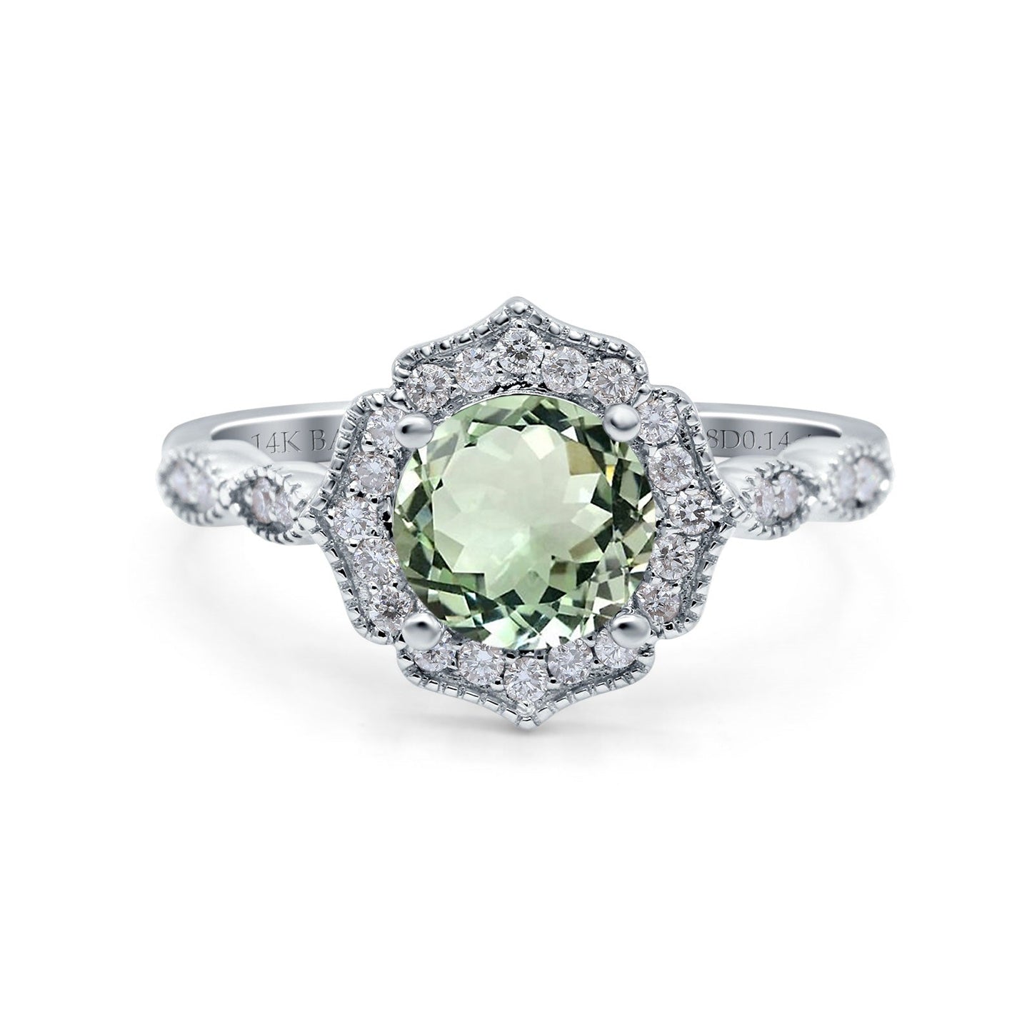 14K White Gold 1.42ct Art Deco Round 7mm G SI Natural Green Amethyst Diamond Engagement Wedding Ring Size 6.5