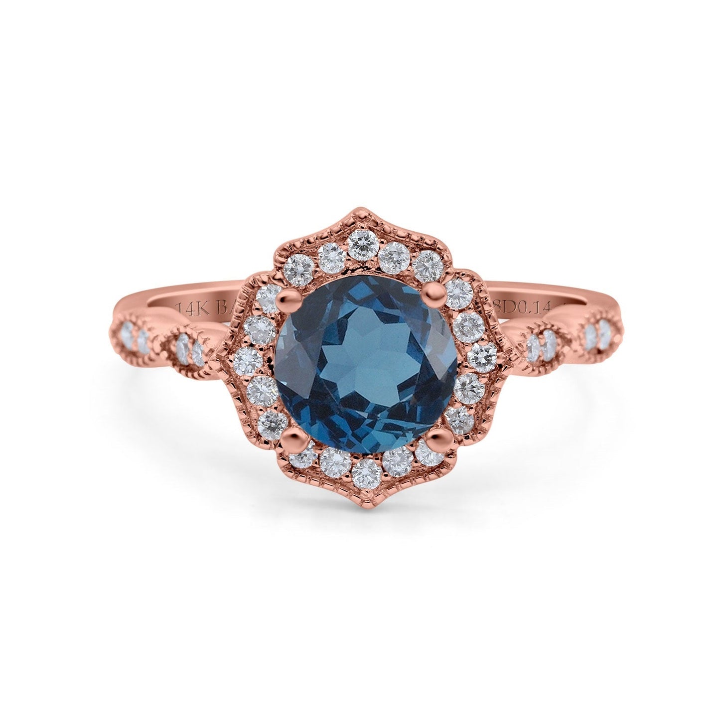 14K Rose Gold 1.42ct Art Deco Round 7mm G SI London Blue Topaz Diamond Engagement Wedding Ring Size 6.5