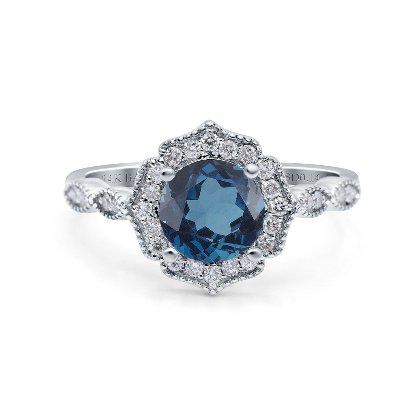 14K White Gold 1.42ct Art Deco Round 7mm G SI London Blue Topaz Diamond Engagement Wedding Ring Size 6.5