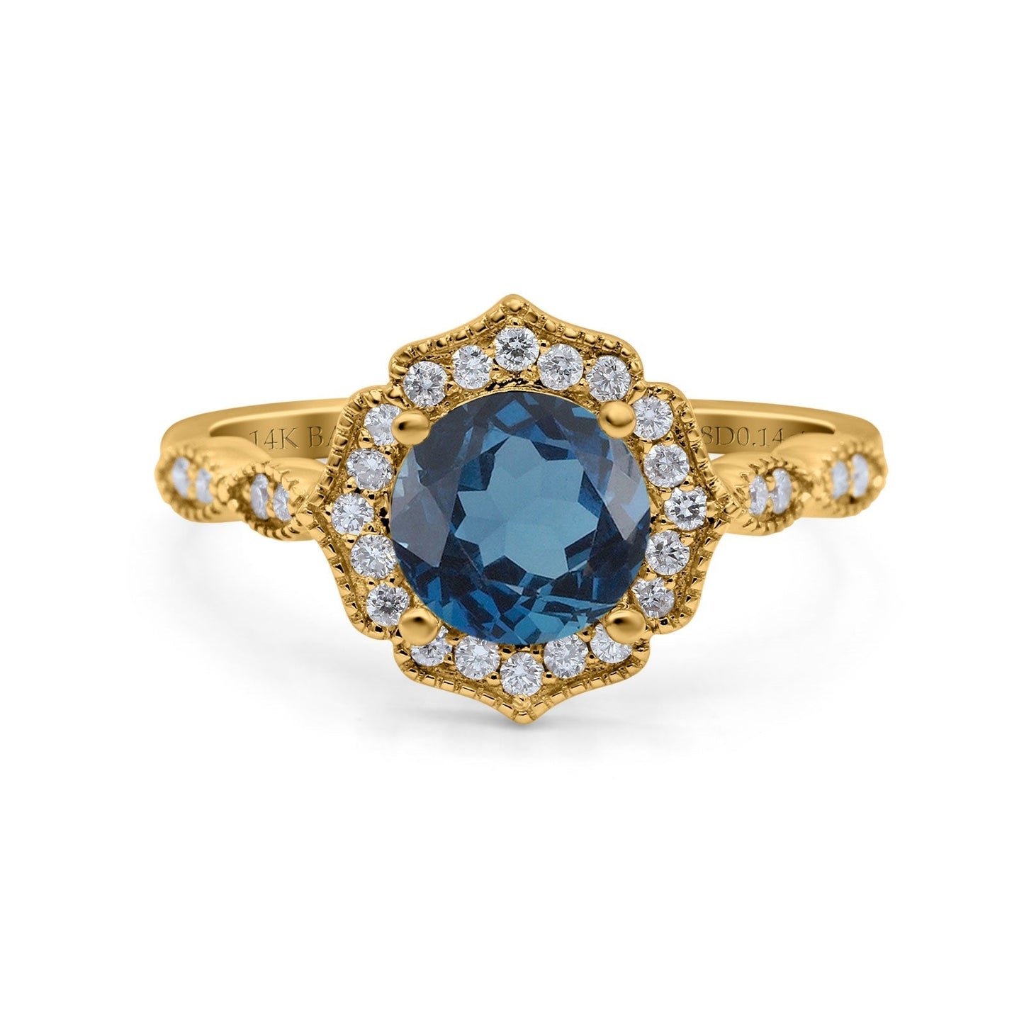 14K Yellow Gold 1.42ct Art Deco Round 7mm G SI London Blue Topaz Diamond Engagement Wedding Ring Size 6.5