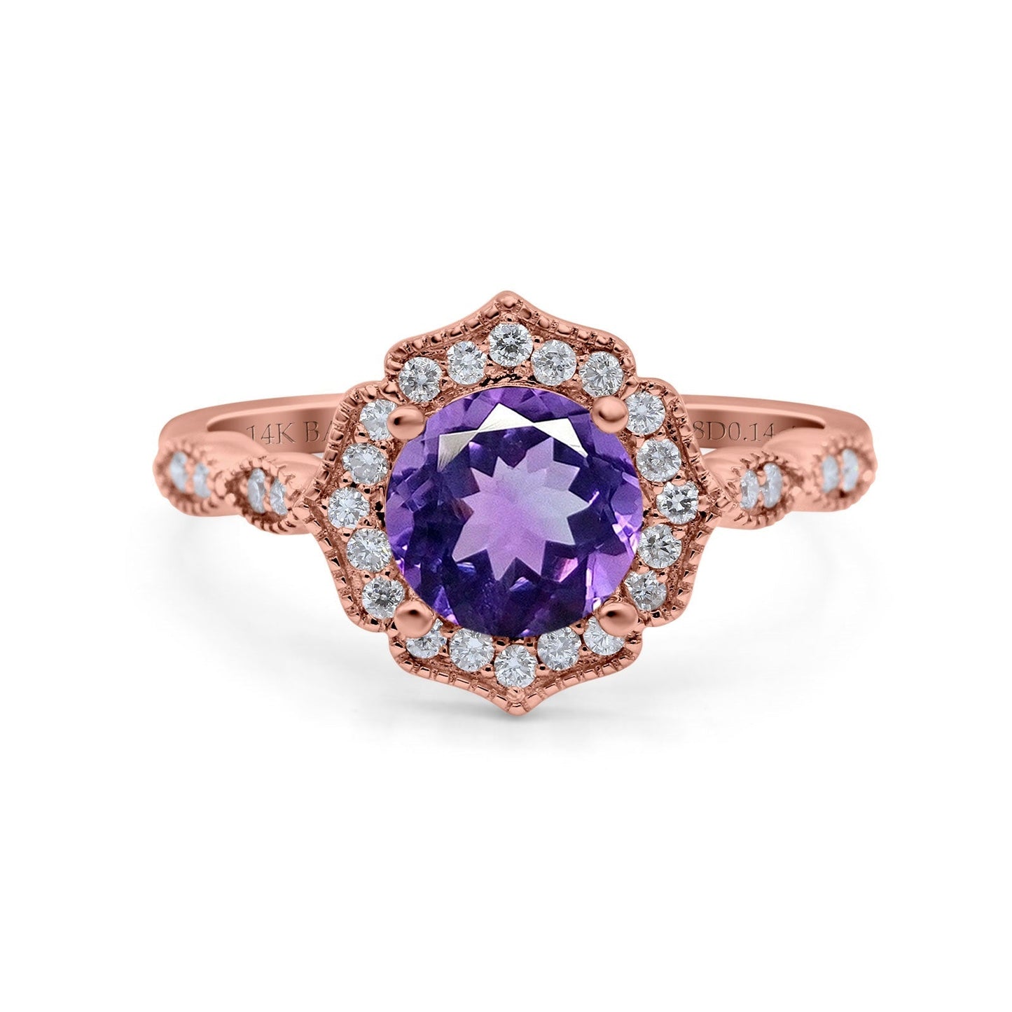 14K Rose Gold 1.42ct Art Deco Round 7mm G SI Natural Amethyst Diamond Engagement Wedding Ring Size 6.5