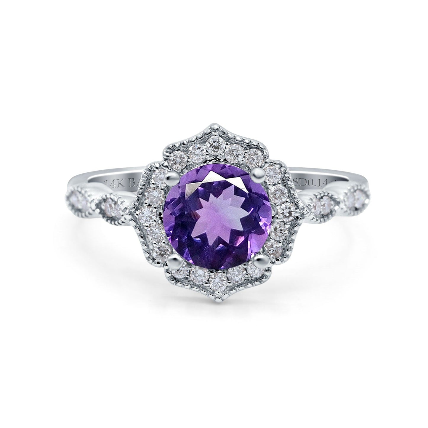 14K White Gold 1.42ct Art Deco Round 7mm G SI Natural Amethyst Diamond Engagement Wedding Ring Size 6.5