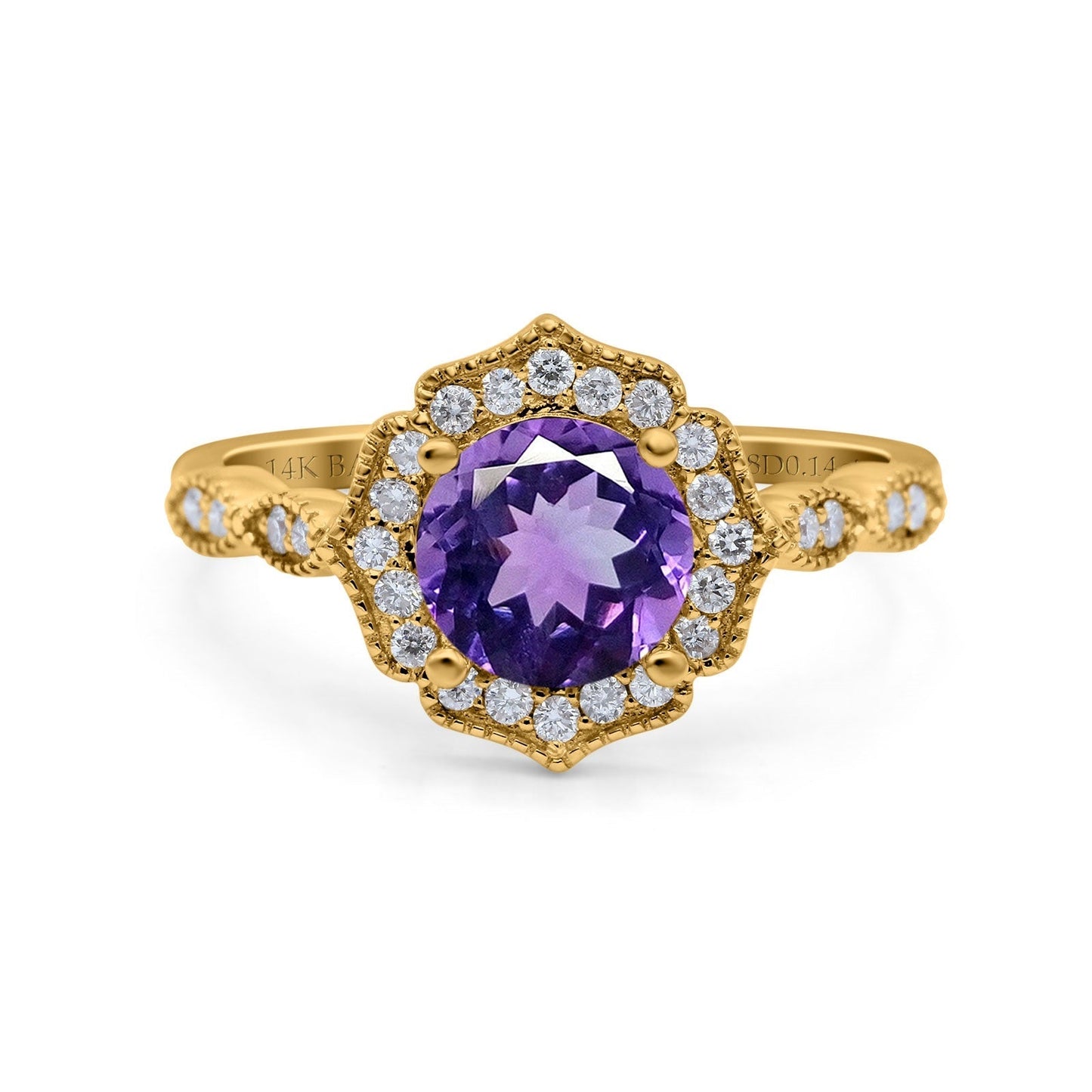 14K Yellow Gold 1.42ct Art Deco Round 7mm G SI Natural Amethyst Diamond Engagement Wedding Ring Size 6.5