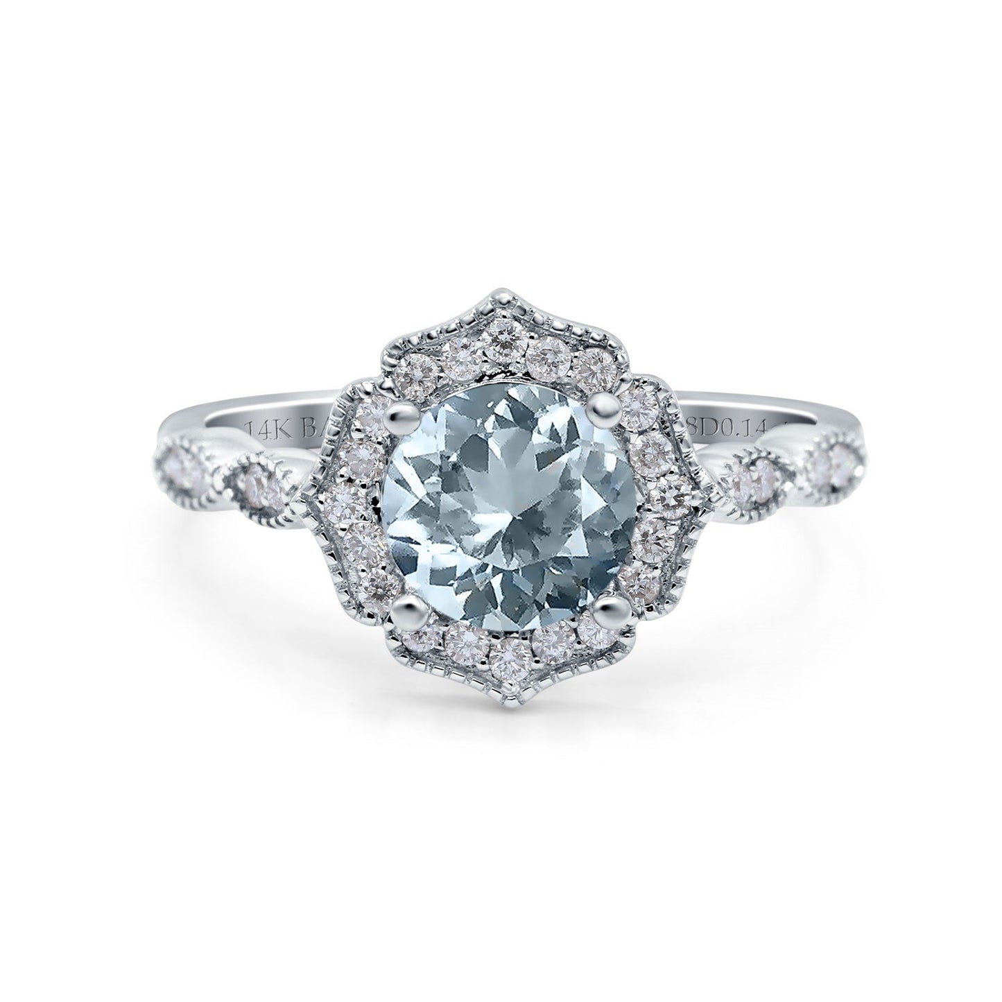 14K White Gold 1.42ct Art Deco Round 7mm G SI Natural Aquamarine Diamond Engagement Wedding Ring Size 6.5