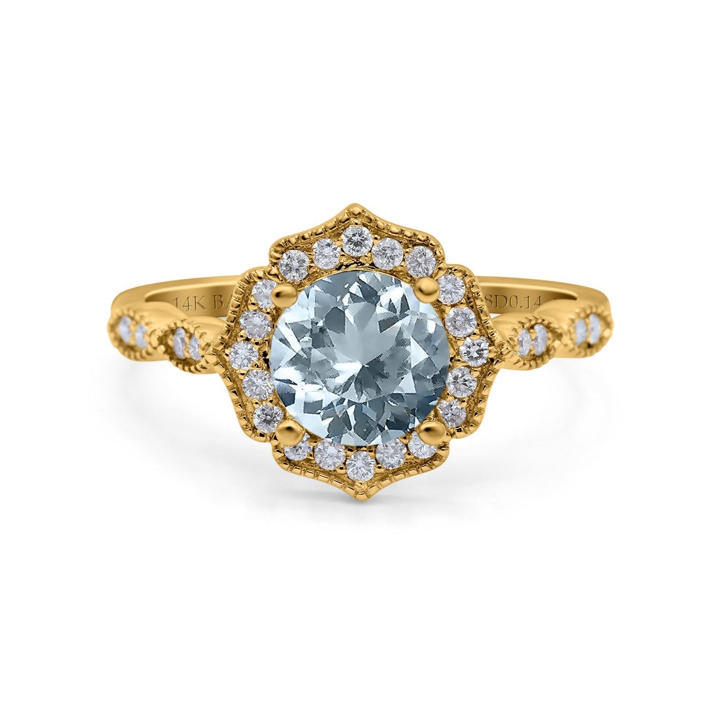 14K Yellow Gold 1.42ct Art Deco Round 7mm G SI Natural Aquamarine Diamond Engagement Wedding Ring Size 6.5