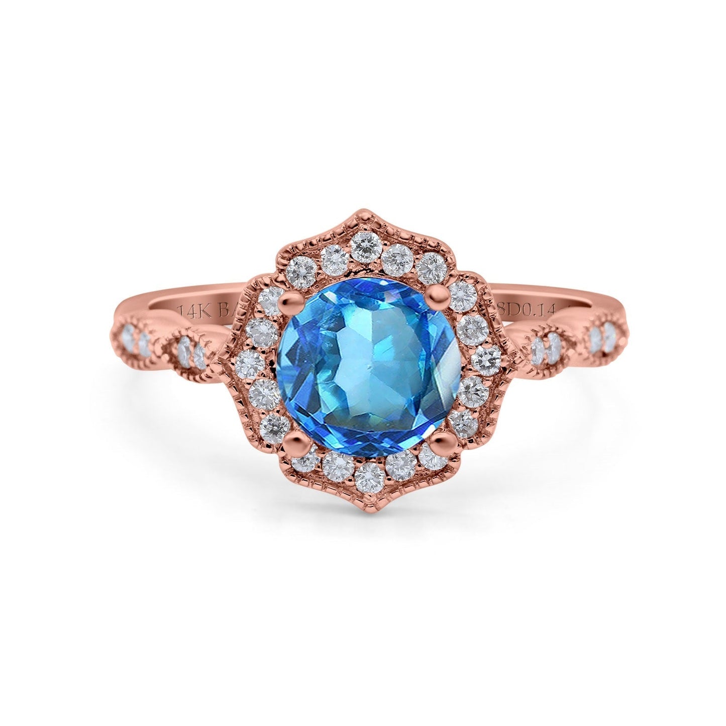 14K Rose Gold 1.42ct Art Deco Round 7mm G SI Natural Blue Topaz Diamond Engagement Wedding Ring Size 6.5