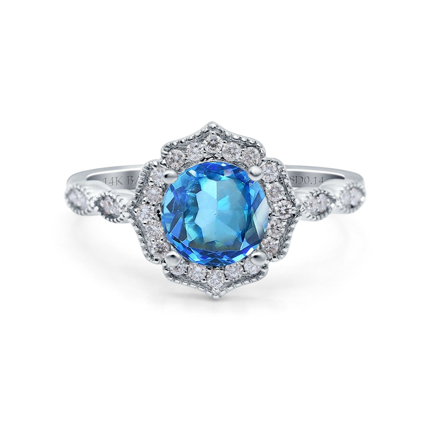 14K White Gold 1.42ct Art Deco Round 7mm G SI Natural Blue Topaz Diamond Engagement Wedding Ring Size 6.5