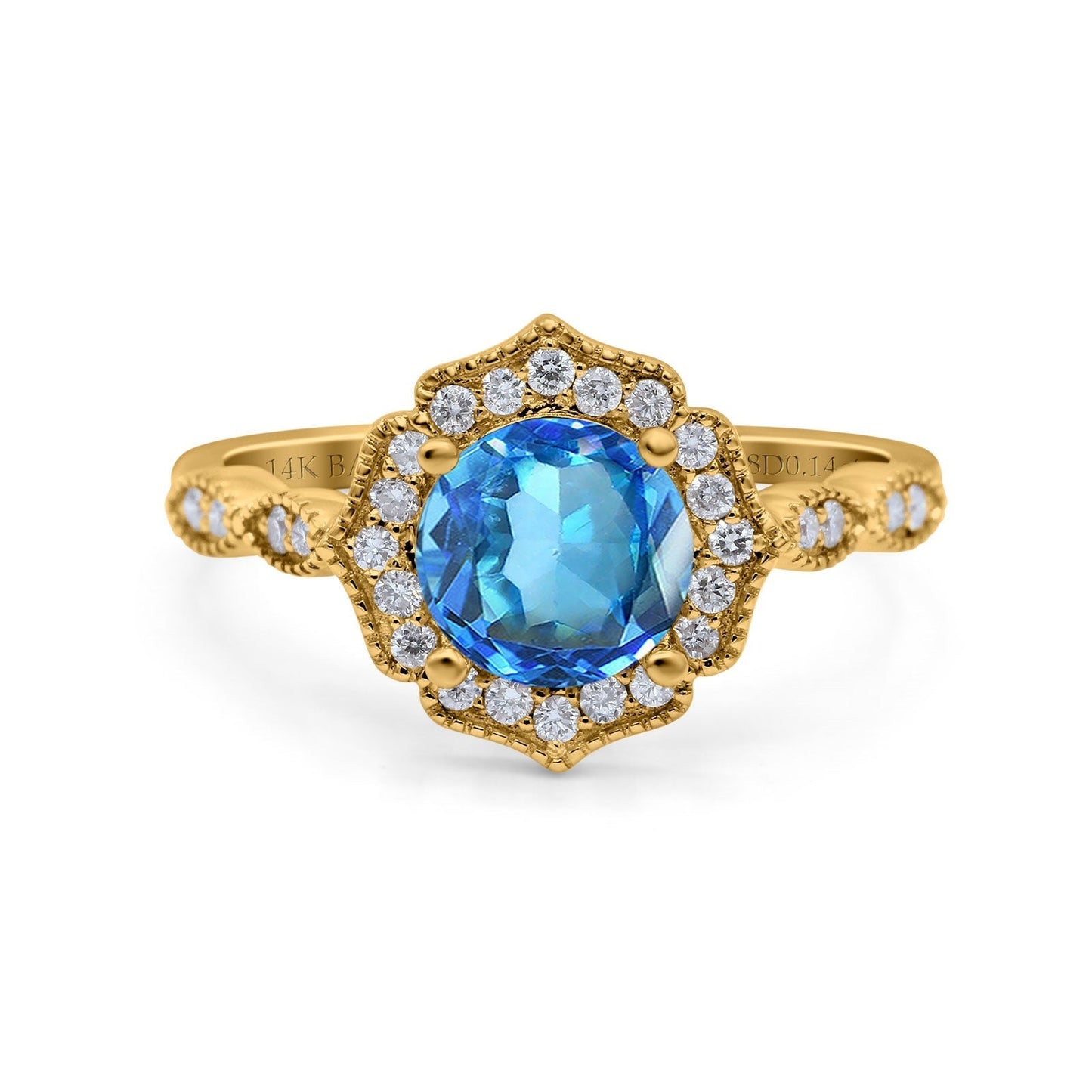 14K Yellow Gold 1.42ct Art Deco Round 7mm G SI Natural Blue Topaz Diamond Engagement Wedding Ring Size 6.5