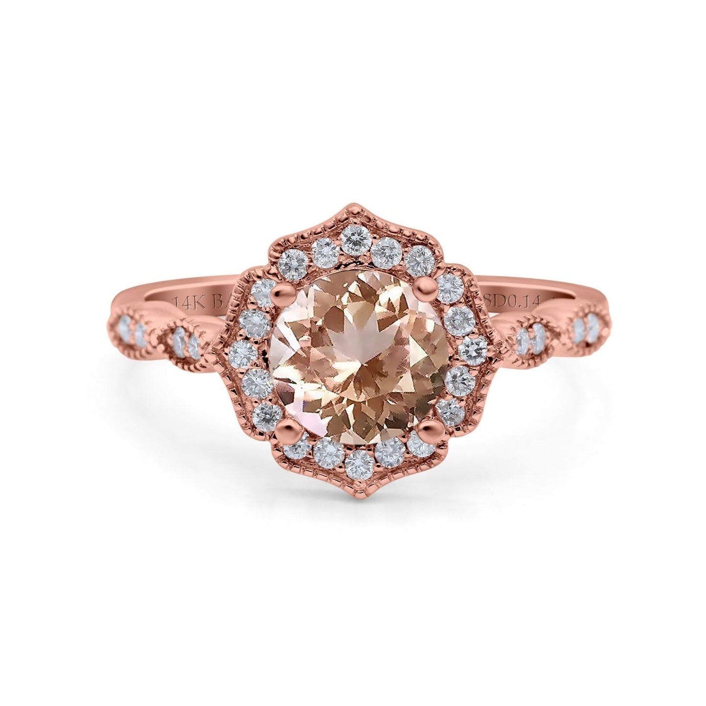 Bague de fiançailles en or rose 14 carats 1,42 ct Art déco ronde 7 mm G SI avec diamant morganite naturel taille 6,5