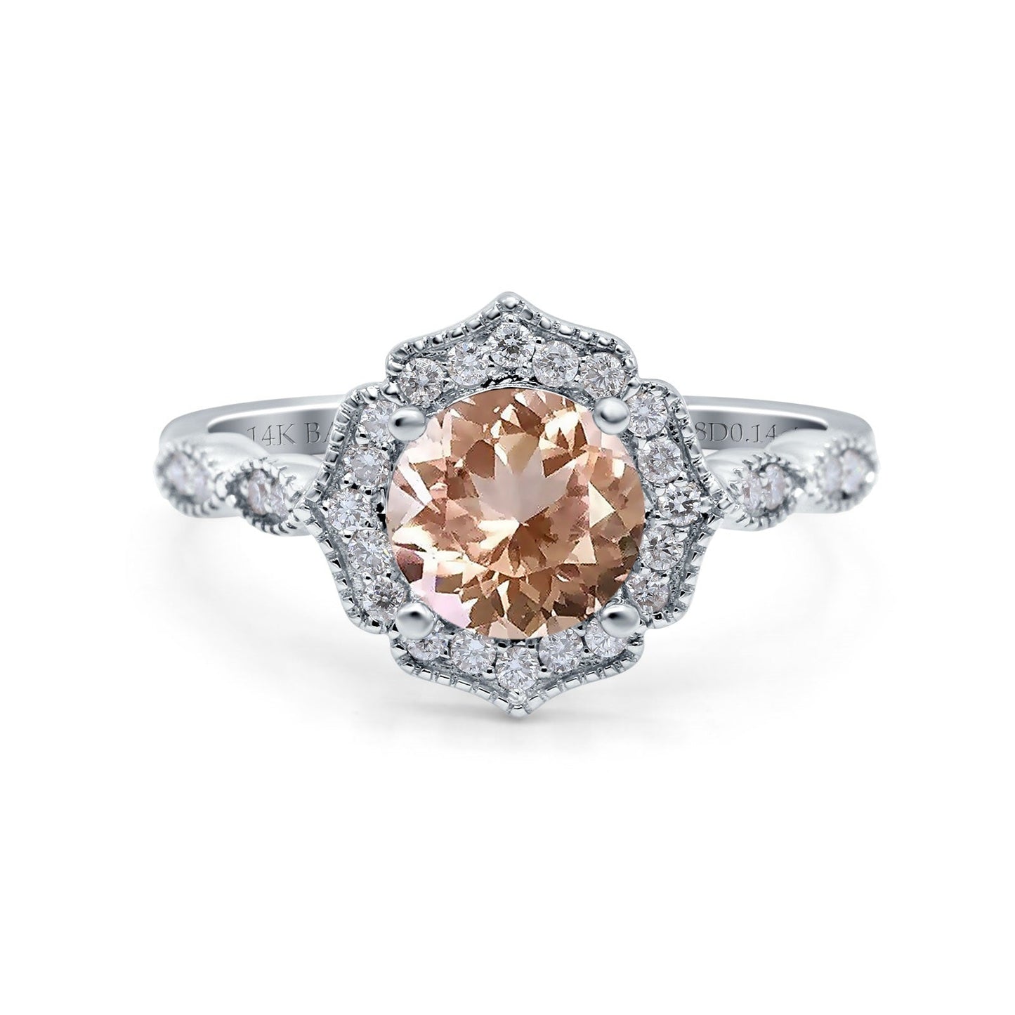 14K White Gold 1.42ct Art Deco Round 7mm G SI Natural Morganite Diamond Engagement Wedding Ring Size 6.5