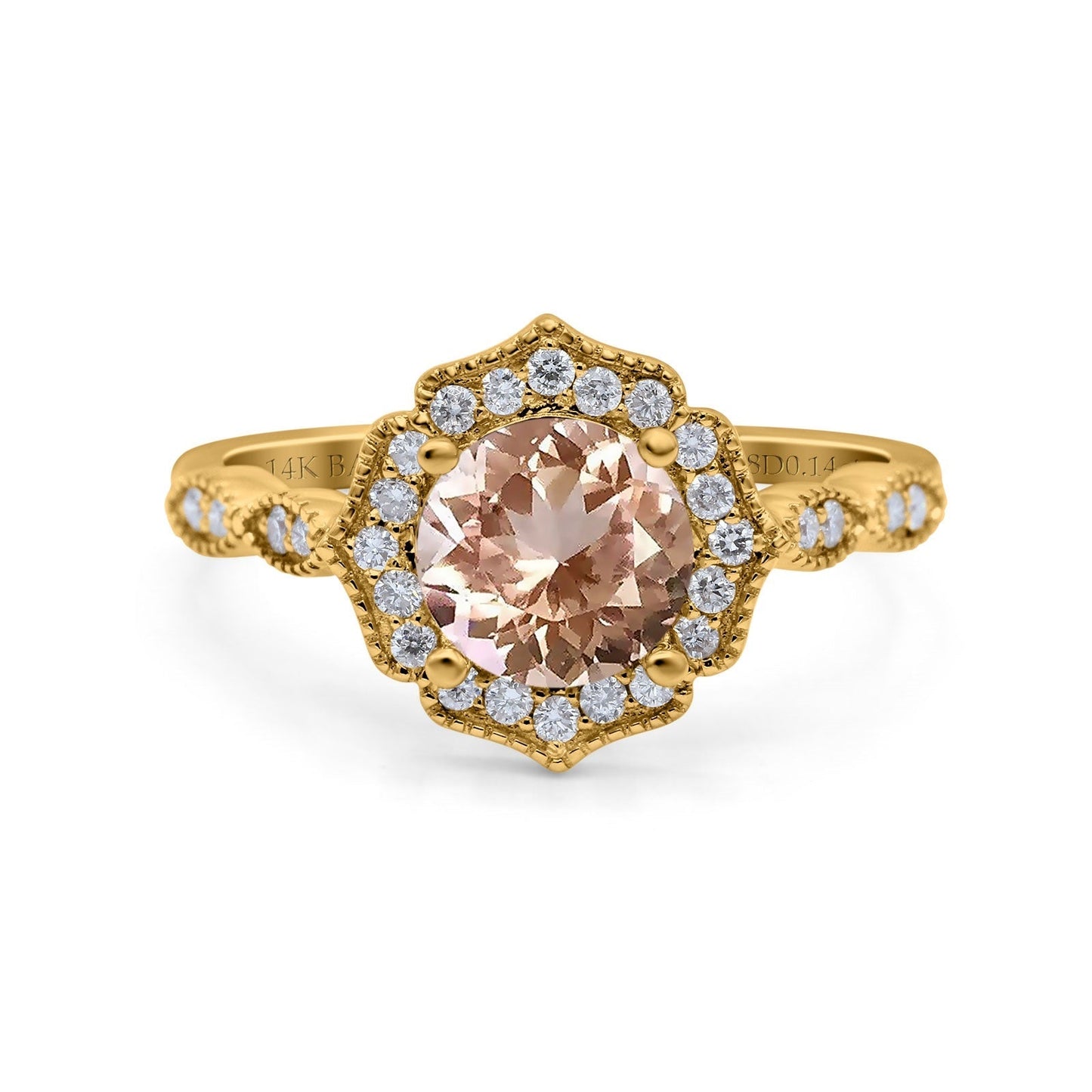 14K Yellow Gold 1.42ct Art Deco Round 7mm G SI Natural Morganite Diamond Engagement Wedding Ring Size 6.5