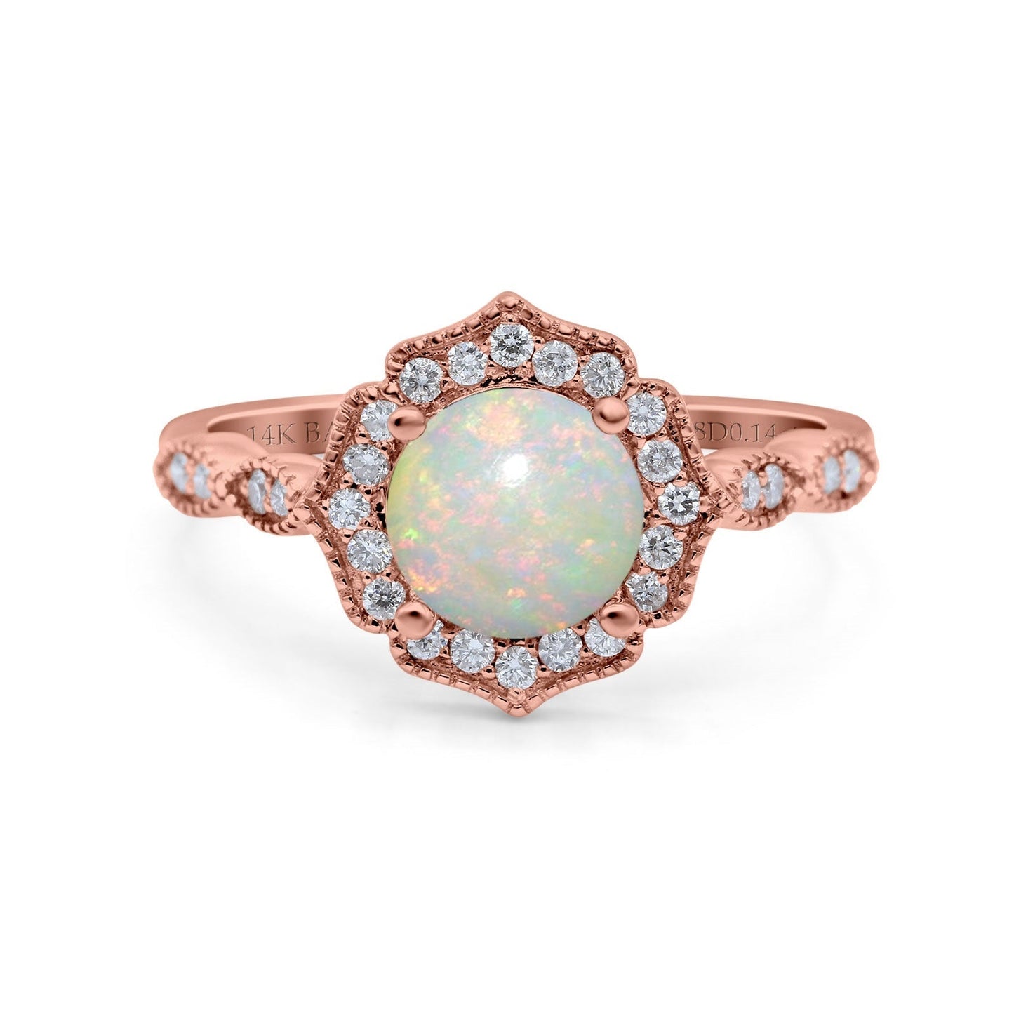 14K Rose Gold 0.14ct Art Deco Round 7mm G SI Natural White Opal Diamond Engagement Wedding Ring Size 6.5