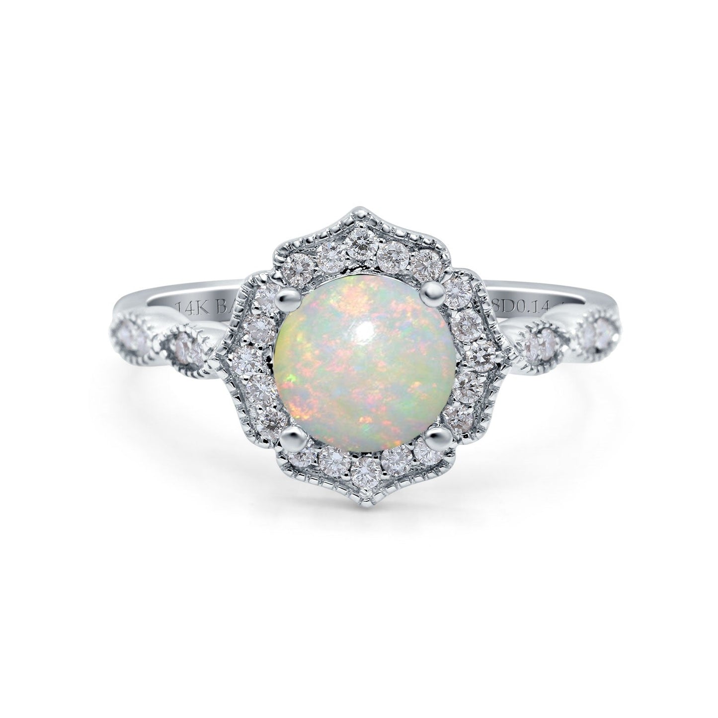 14K White Gold 0.14ct Art Deco Round 7mm G SI Natural White Opal Diamond Engagement Wedding Ring Size 6.5