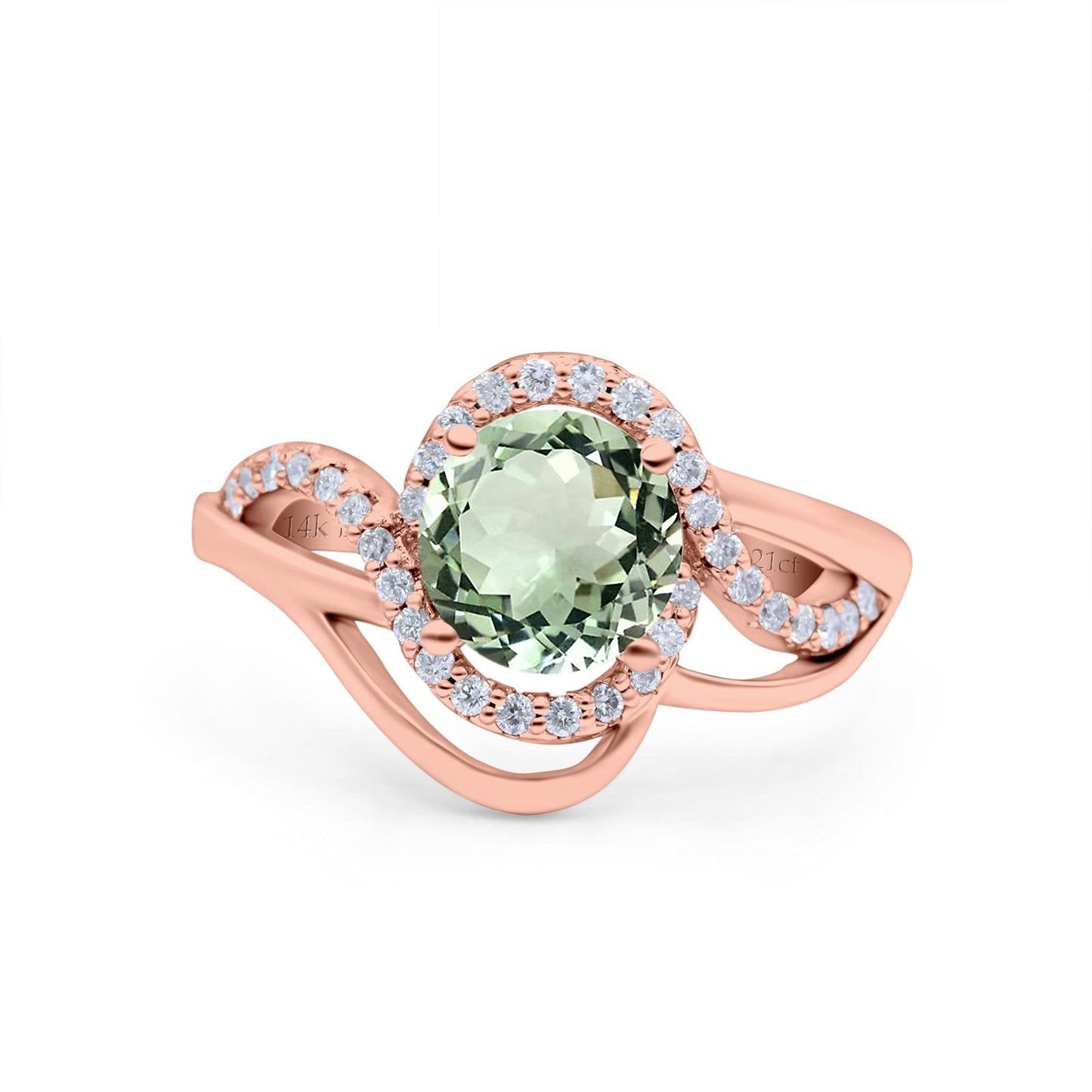 14K Rose Gold 1.49ct Art Deco Round 7mm G SI Natural Green Amethyst Diamond Engagement Wedding Ring Size 6.5