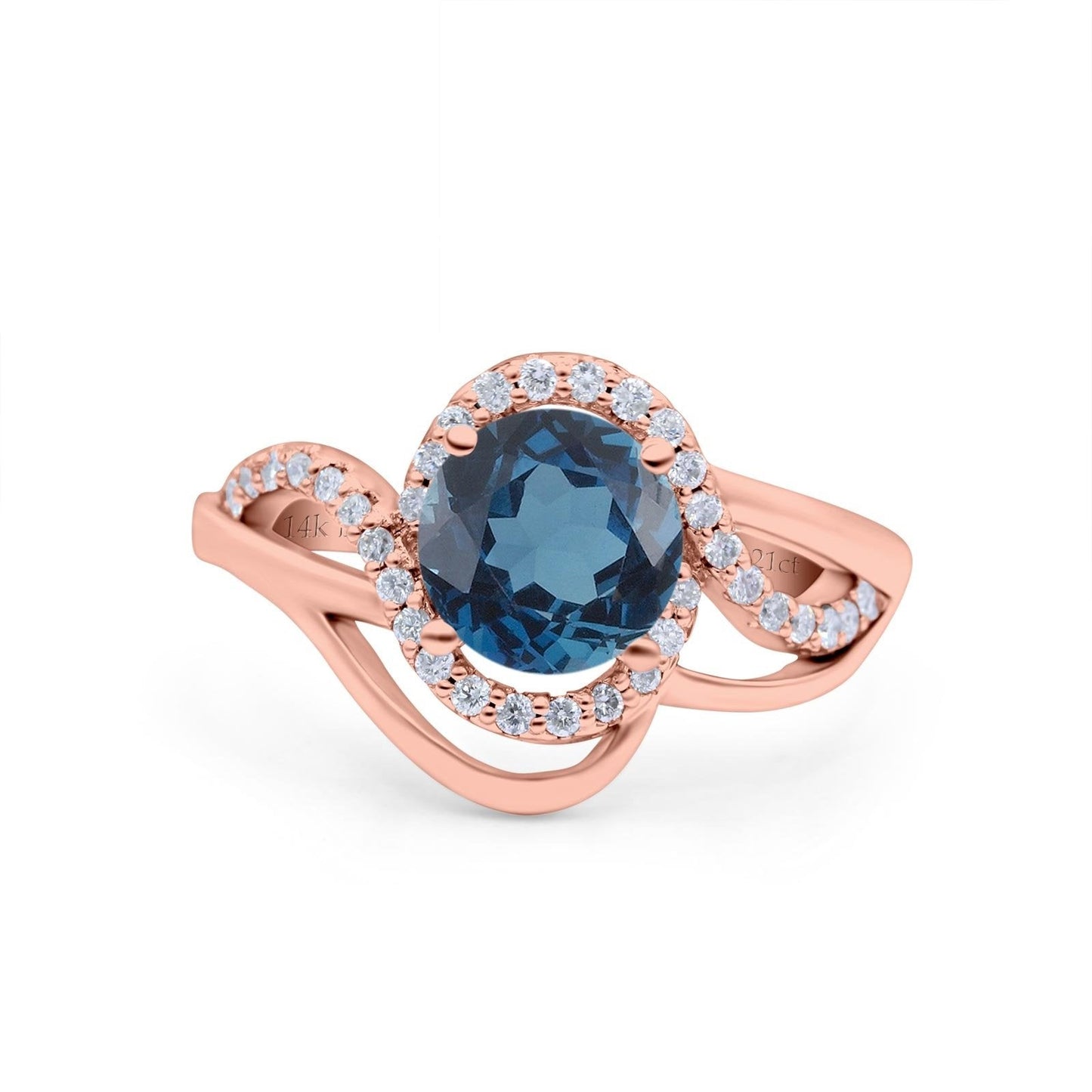 14K Rose Gold 1.49ct Art Deco Round 7mm G SI London Blue Topaz Diamond Engagement Wedding Ring Size 6.5