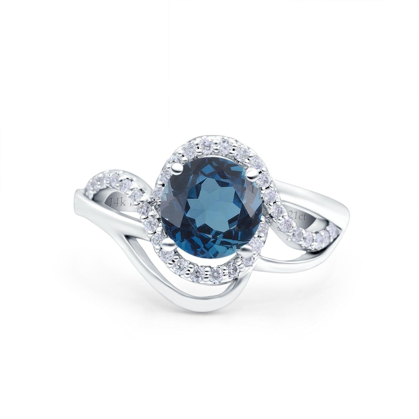 14K White Gold 1.49ct Art Deco Round 7mm G SI London Blue Topaz Diamond Engagement Wedding Ring Size 6.5