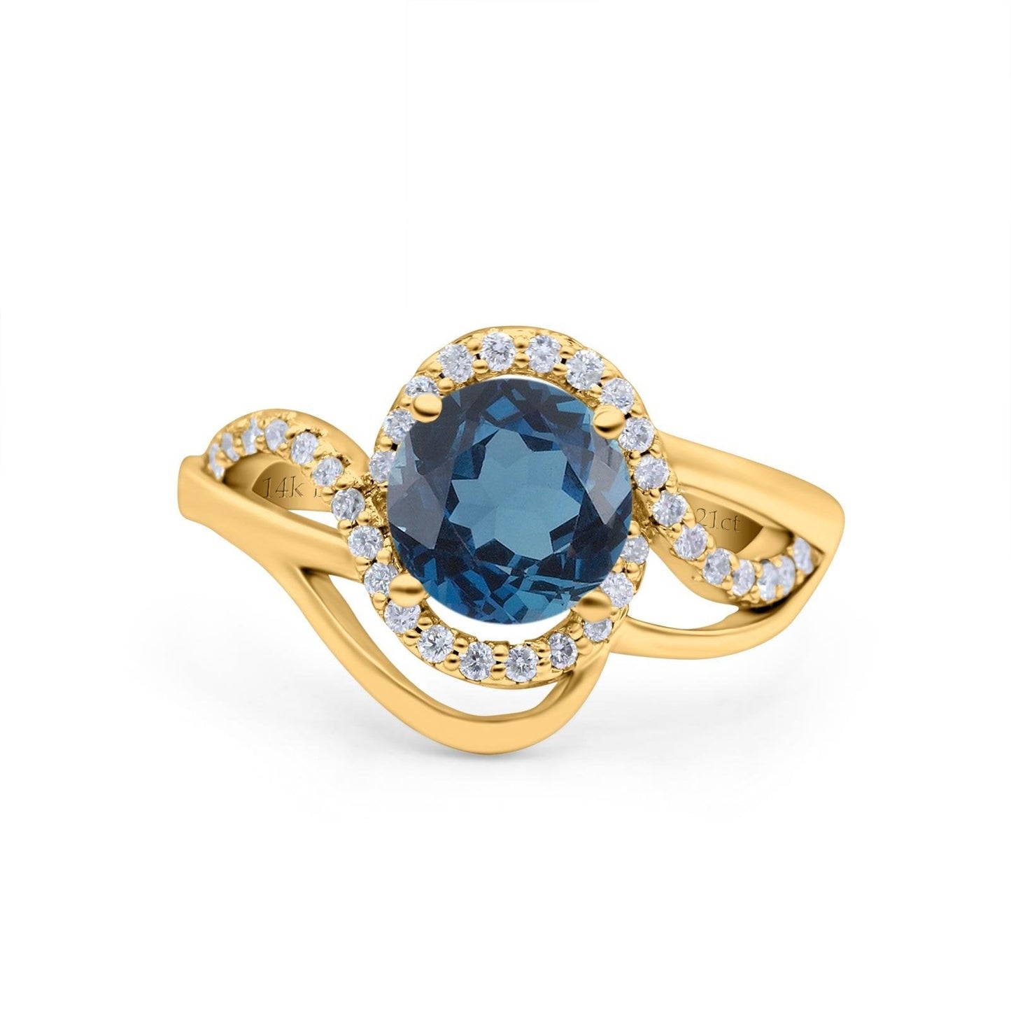 14K Yellow Gold 1.49ct Art Deco Round 7mm G SI London Blue Topaz Diamond Engagement Wedding Ring Size 6.5