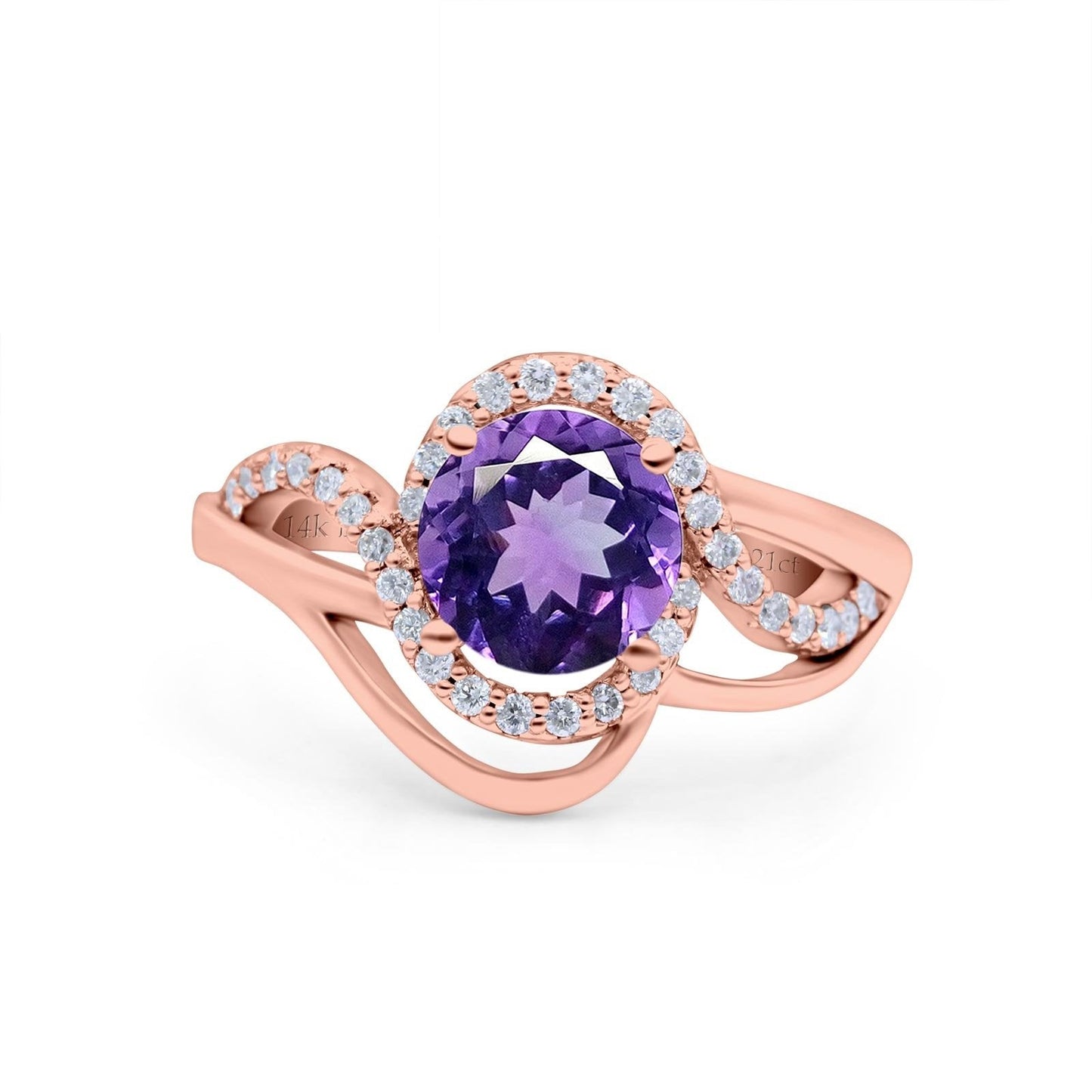 14K Rose Gold 1.49ct Art Deco Round 7mm G SI Natural Amethyst Diamond Engagement Wedding Ring Size 6.5