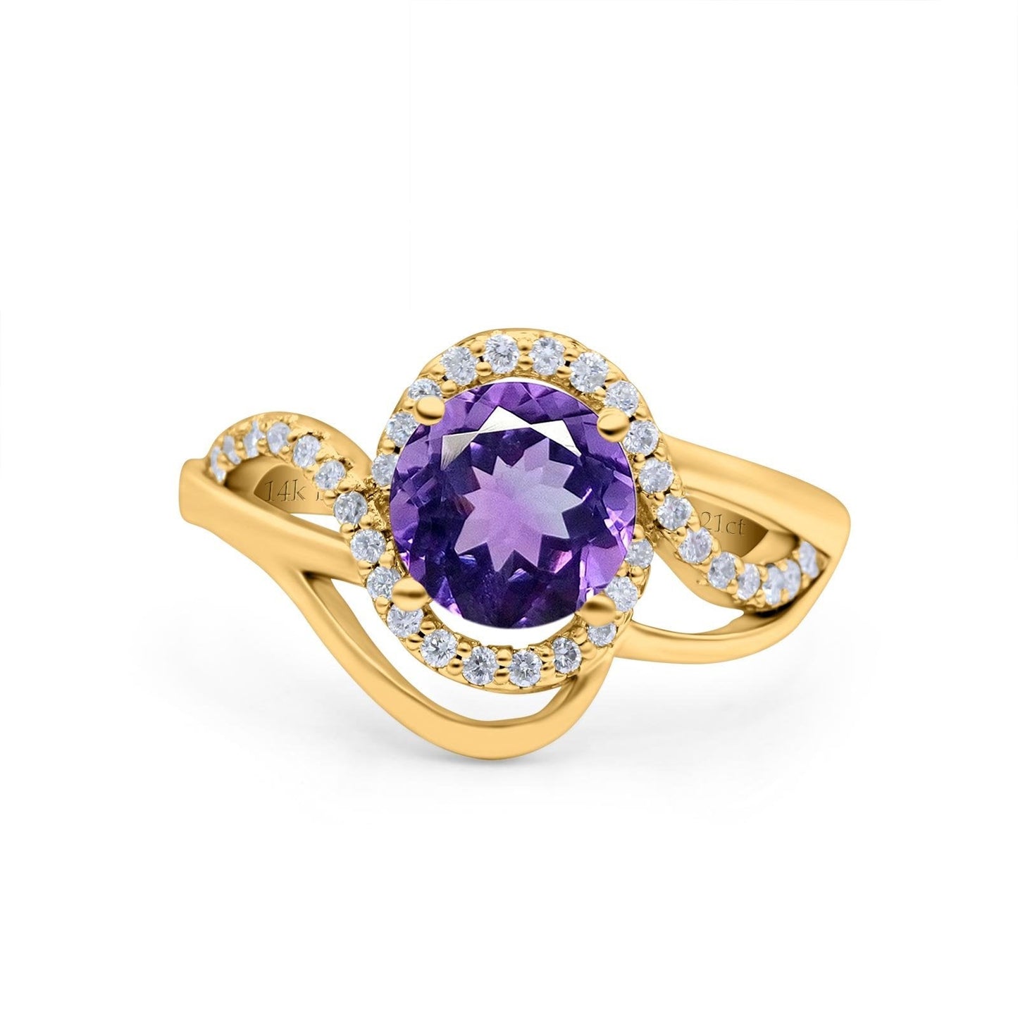 14K Yellow Gold 1.49ct Art Deco Round 7mm G SI Natural Amethyst Diamond Engagement Wedding Ring Size 6.5