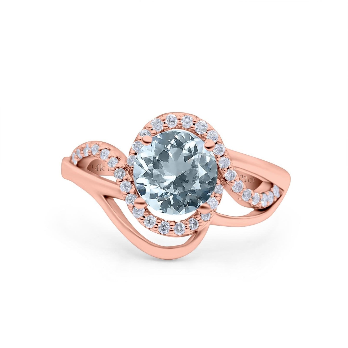 14K Rose Gold 1.49ct Art Deco Round 7mm G SI Natural Aquamarine Diamond Engagement Wedding Ring Size 6.5